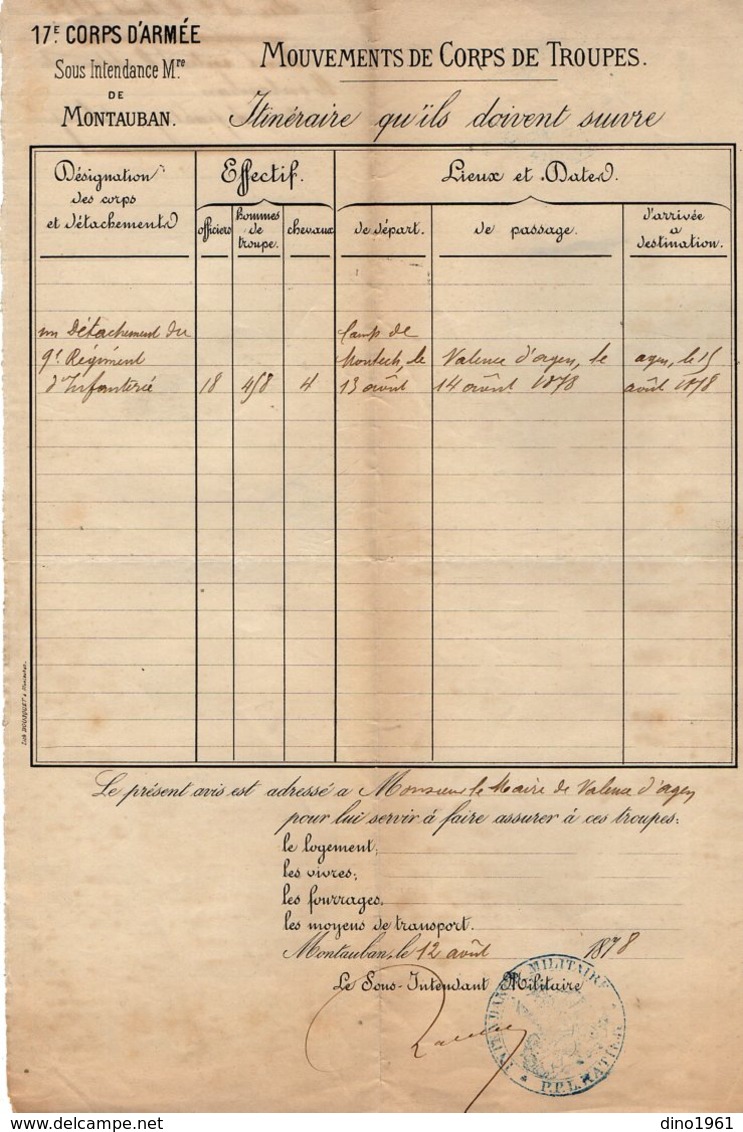 VP14.919 - MILITARIA - MONTAUBAN 1878 - Avis De Passage De Troupes 9 ème Rgt D'Infanterie Camp De MONTECH X VALENCE - Documents