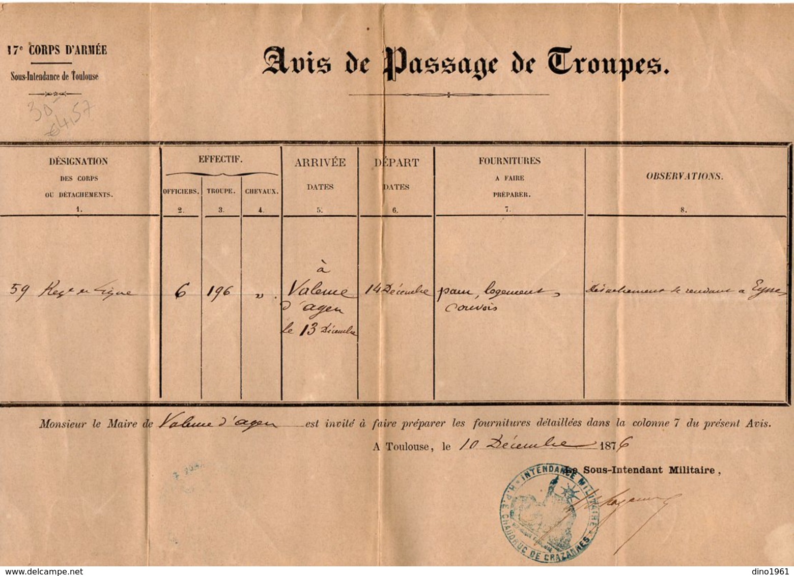 VP14.920 - MILITARIA - TOULOUSE 1876 - Avis De Passage De Troupes 59 ème Rgt De Ligne X VALENCE D'AGEN - Documenti
