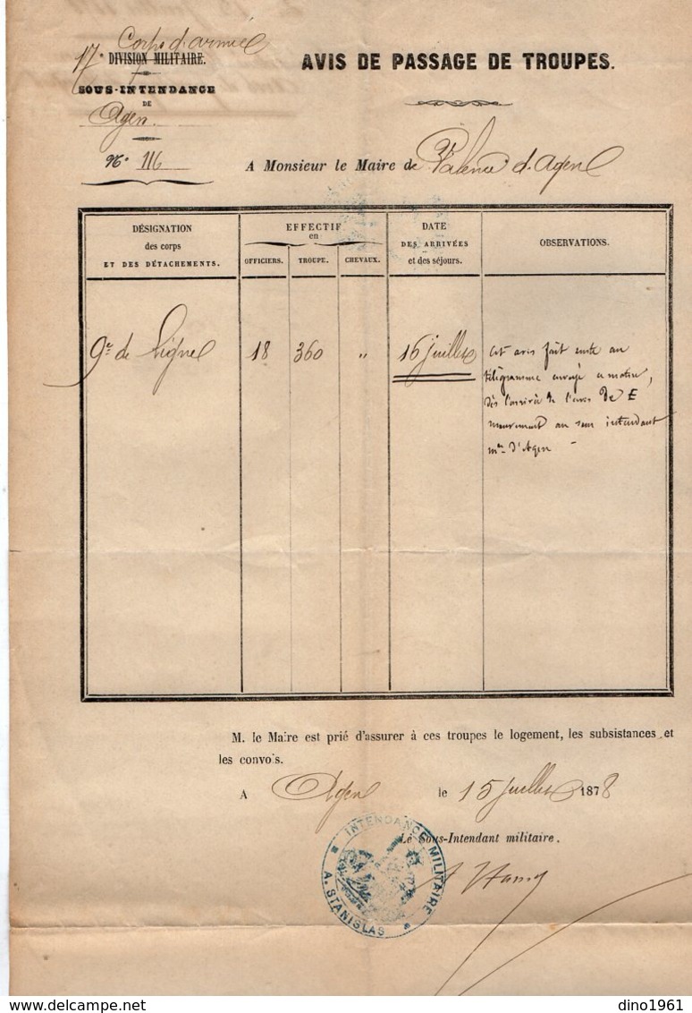 VP14.921 - MILITARIA - AGEN 1878 - Avis De Passage De Troupes 9 ème Rgt De Ligne X VALENCE D'AGEN - Documents