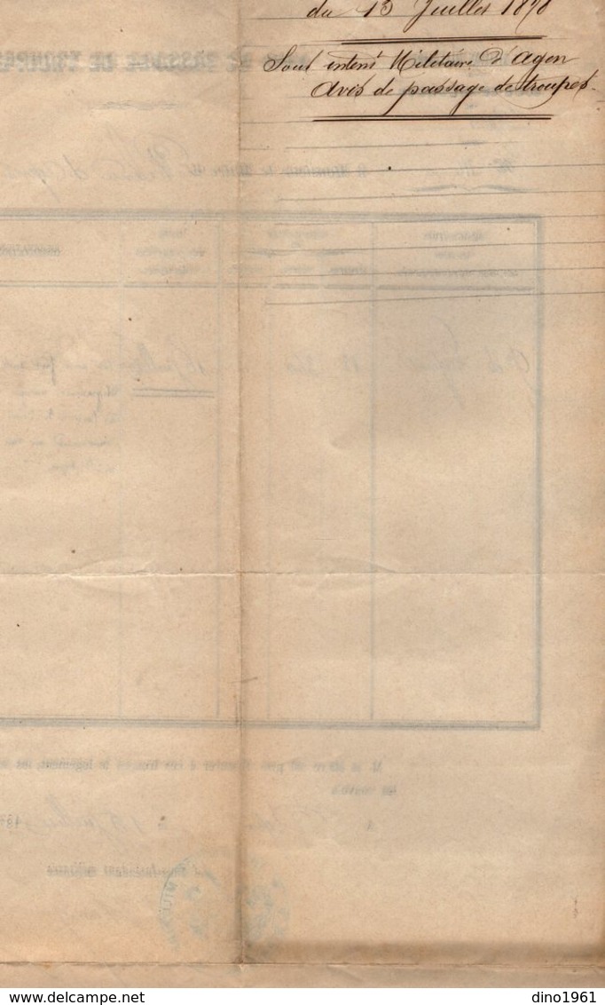 VP14.921 - MILITARIA - AGEN 1878 - Avis De Passage De Troupes 9 ème Rgt De Ligne X VALENCE D'AGEN - Documents