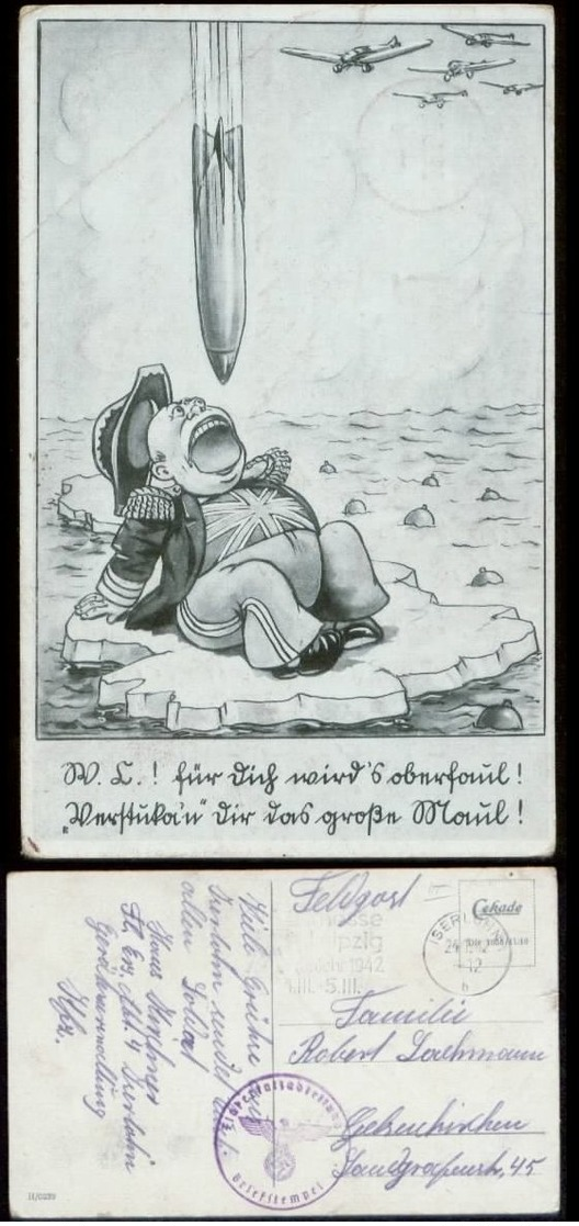 P0883 - DR Postkarte Militär Humor , Bombe Auf England: Gebraucht Iserlohn - Gelsenkirchen 1942, Bedarfserhaltung. - Briefe U. Dokumente