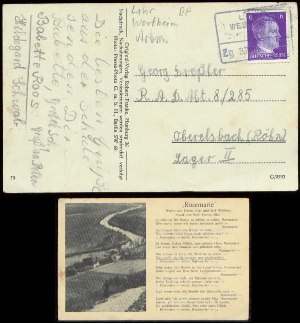 P0880 - DR Postkarte Lied Rosemarie: Gebraucht Bahnpost Lohr Wertheim - RAD Lager 8/ 285 Oberelsbach , Bedarfserhaltung. - Lettres & Documents