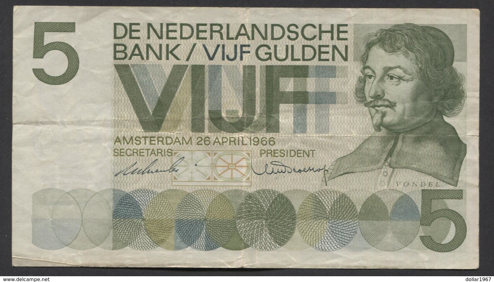 NETHERLANDS  5 Gulden 1966 Vondel 1 Replacement, 2AY 105554 -  See The 2 Scans For Condition.(Originalscan ) - 5 Gulden