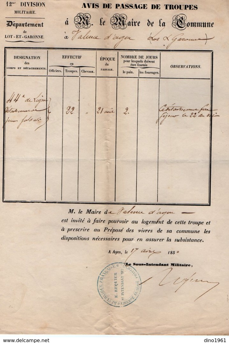 VP14.927 - MILITARIA - AGEN 1850 - Avis De Passage De Troupes 44 ème De Ligne X VALENCE D'AGEN - Documenten