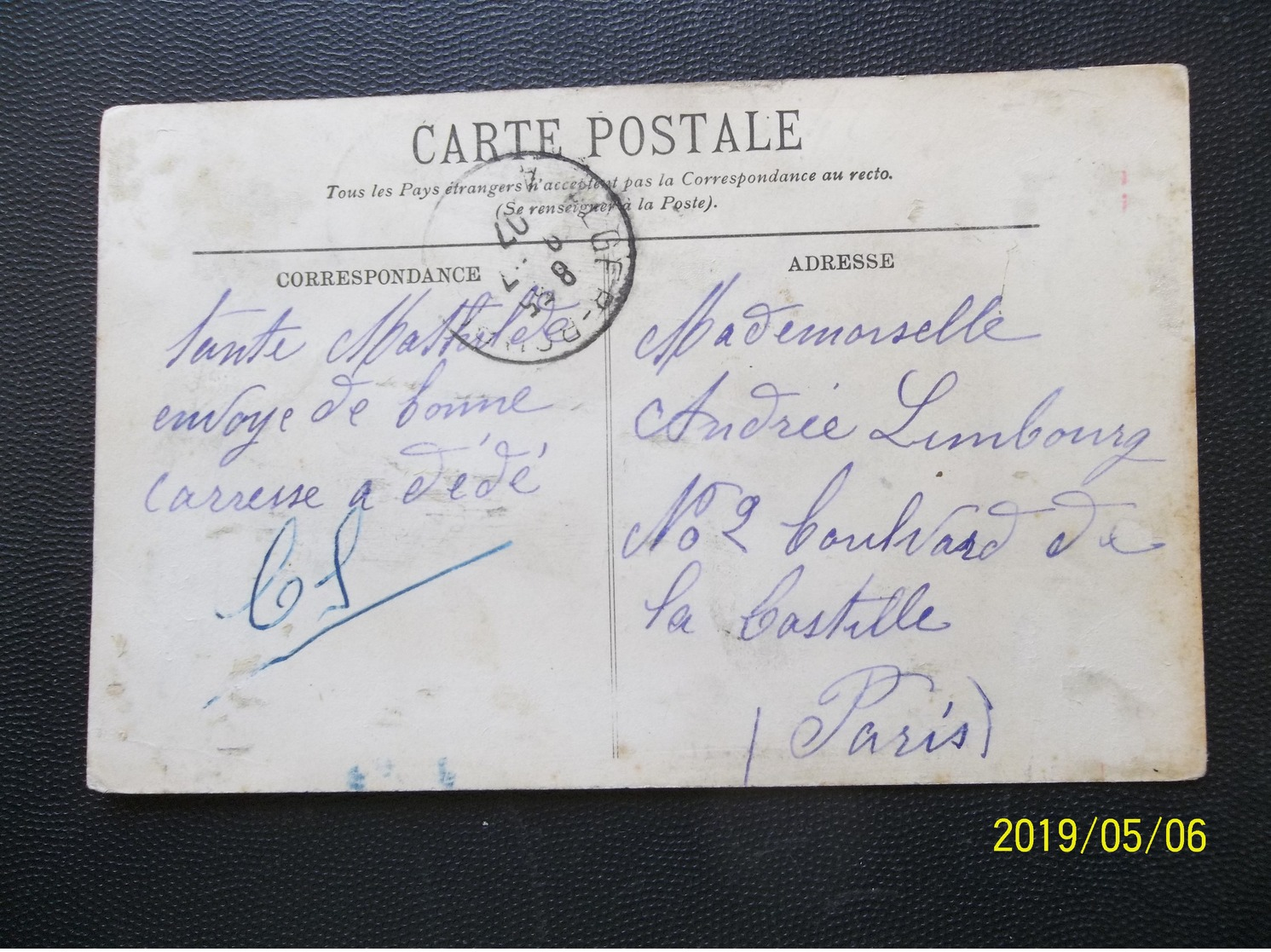 France: 1907 PPC To Paris (#TQ5) - Briefe U. Dokumente