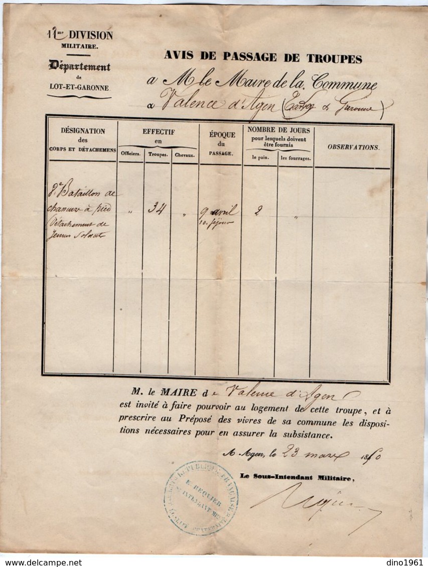 VP14.930 - MILITARIA - AGEN 1850 - Avis De Passage De Troupes 8 ème Bataillon De Chasseurs à Pied X VALENCE D'AGEN - Documenti