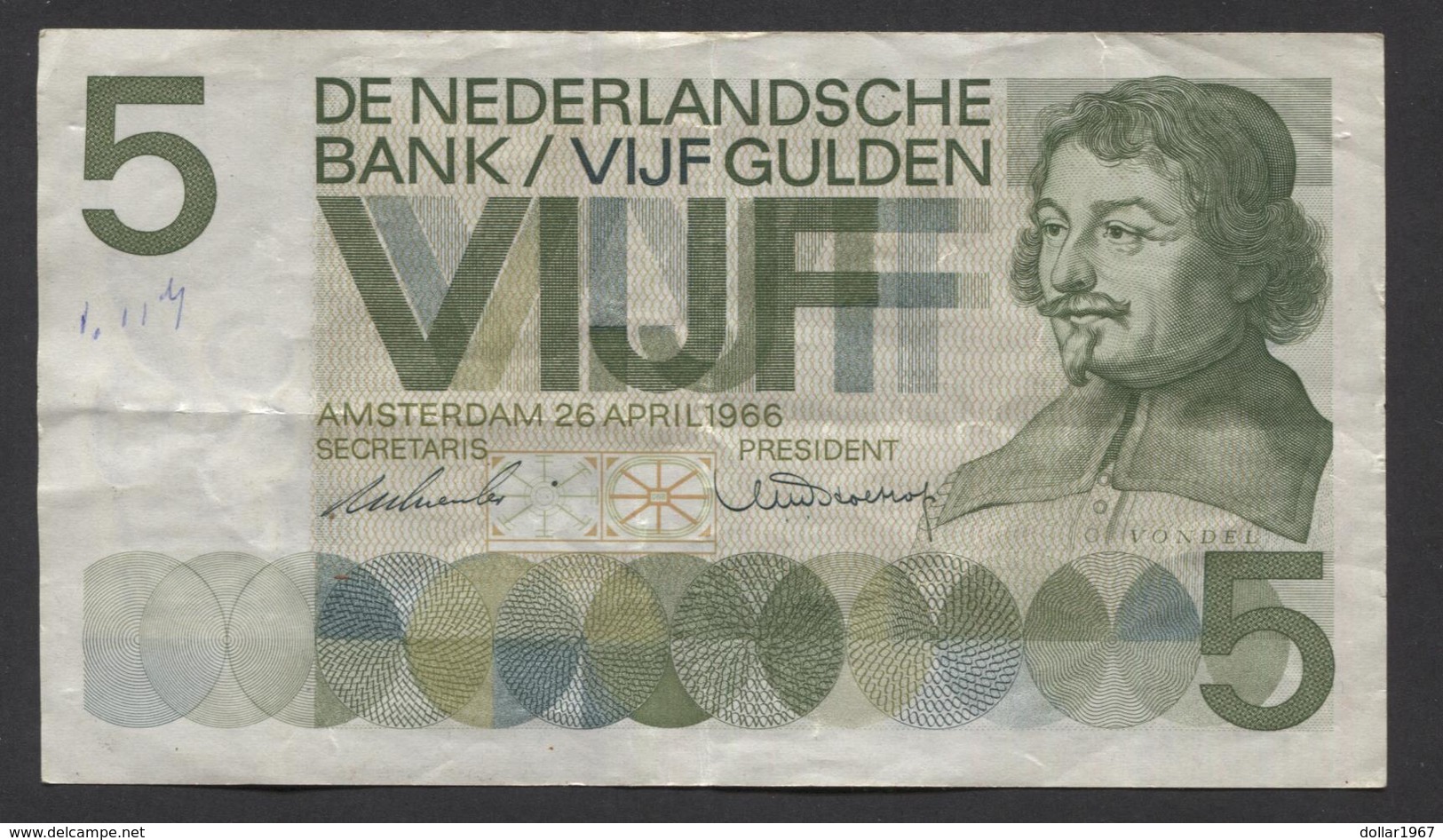 NETHERLANDS  5 Gulden 1966 Vondel 1 1 AF 073766 -  See The 2 Scans For Condition.(Originalscan ) - 5 Florín Holandés (gulden)