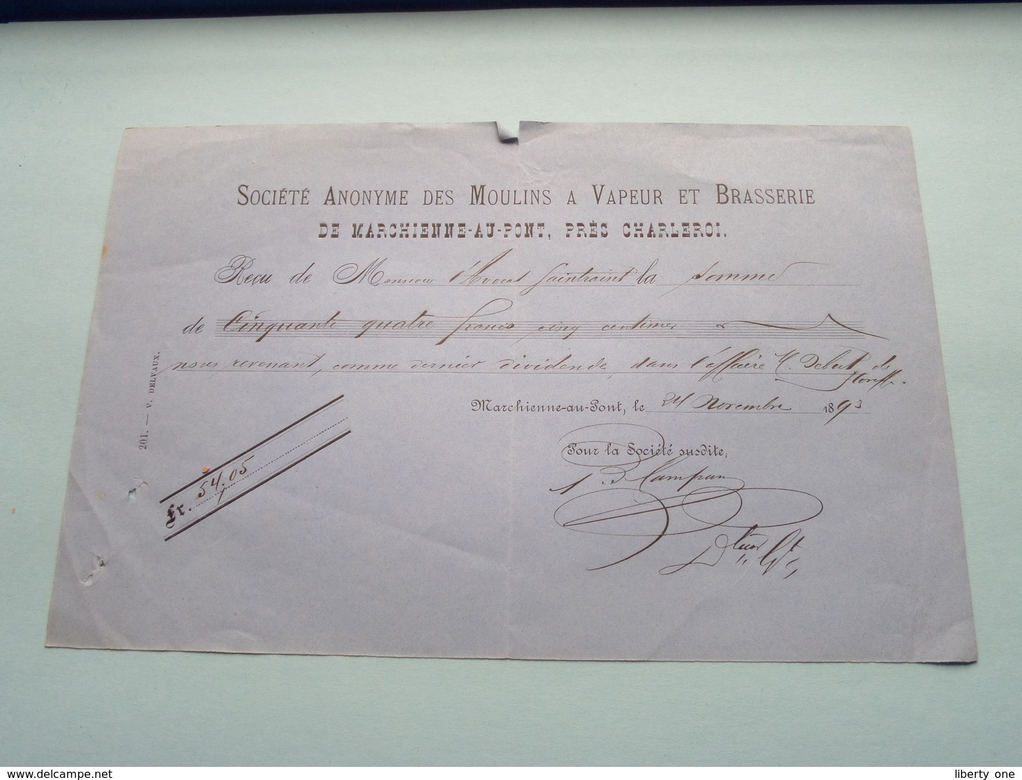 Reçu De Soc. Anonyme Des MOULINS A VAPEUR Et BRASSERIE De MARCHIENNE-AU-PONT > 1893 ( Voir / Zie Foto's ) ! - 1800 – 1899