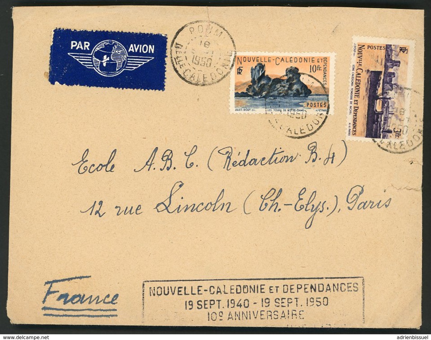 Griffe Rectangulaire Par Avion Pour Paris  N°270 + 274 Obl C.à.d.POUM NELLE CALEDONIE 18/9/50 Voir Description - Covers & Documents