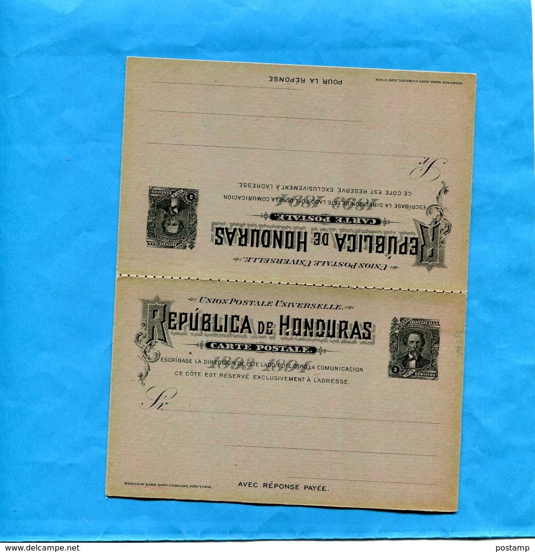 HONDURAS-Entier Postal- Stationnery-carte 1893 Neuve-double-réponse Payée-3c Noir Sur Vert Gris - Honduras