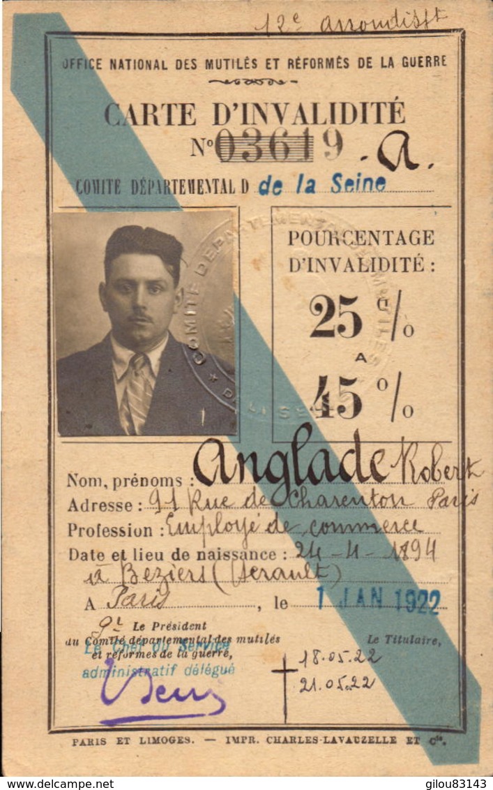 Carte D Invalidité, Seine, Pension, Chemin De Fer 50%, 1922     (bon Etat) - Autres & Non Classés