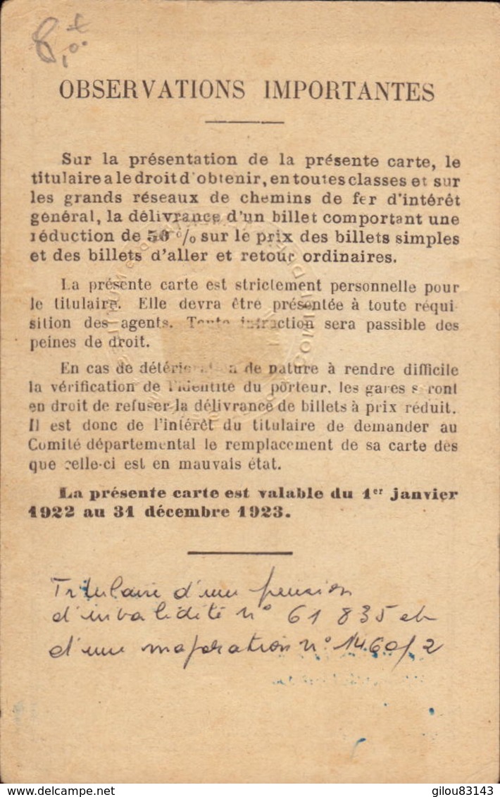 Carte D Invalidité, Seine, Pension, Chemin De Fer 50%, 1922     (bon Etat) - Autres & Non Classés