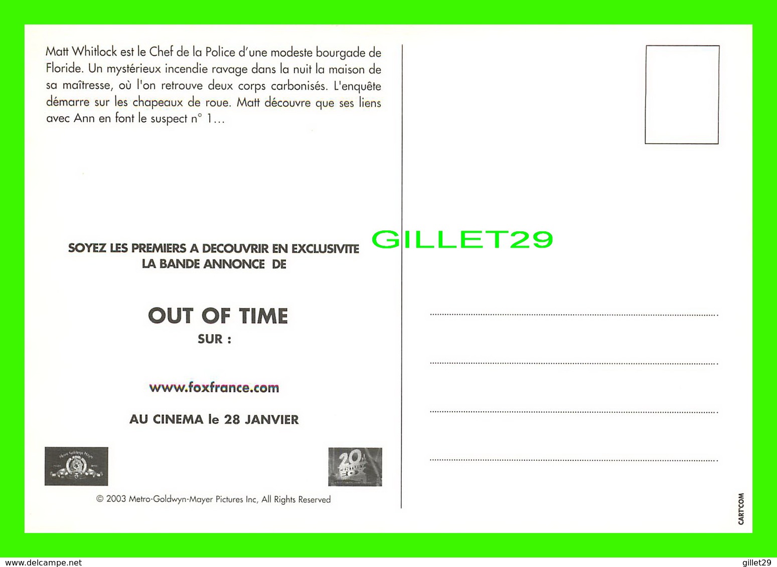 AFFICHES DE CINÉMA - " OUT OF TIME " - AVEC DENZEL WASHINGTON EN 2003 - METRO-GOLDWYN-MAYER PICTURES INC - - Affiches Sur Carte