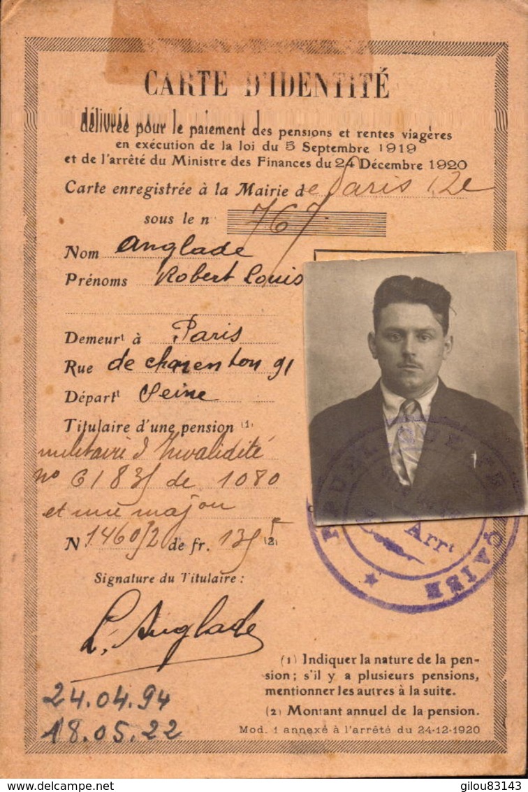 Carte D Identité, Pension De Guerre, Paris XIIeme, 1921     (bon Etat) - Other & Unclassified