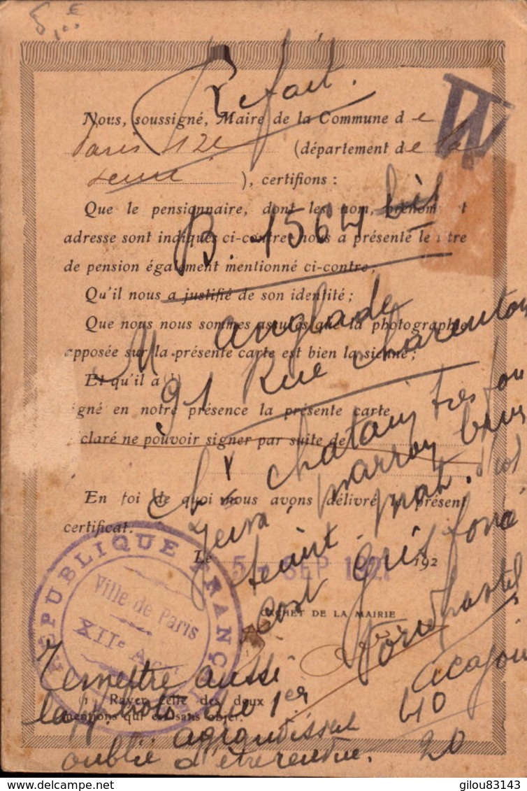 Carte D Identité, Pension De Guerre, Paris XIIeme, 1921     (bon Etat) - Other & Unclassified