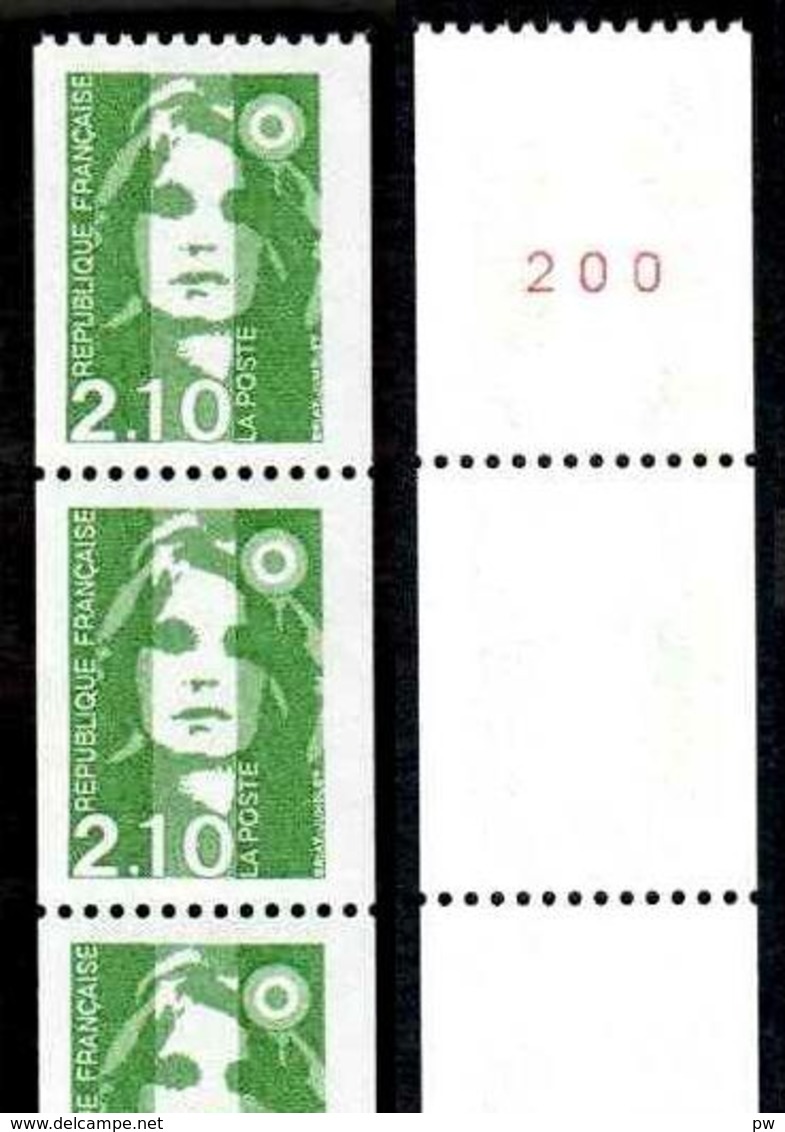 FRANCE 1990 MARIANNE DE BRIAT ROULETTE YT N° 90  2,10 VERT, AVEC 3 TIMBRES NUMEROTES, ** - 1989-1996 Marianne Du Bicentenaire