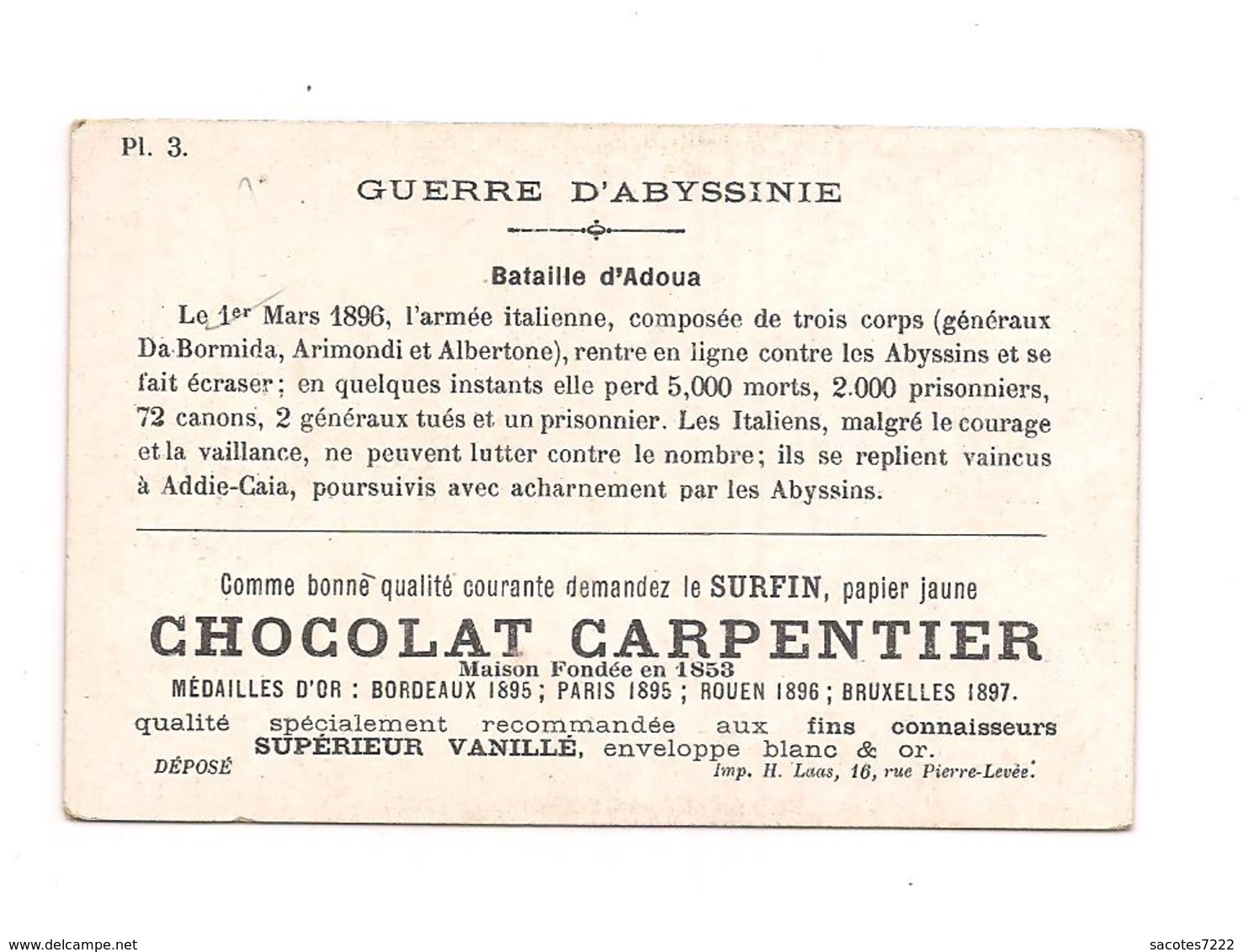 CHROMO GUERRE D'ABYSSINIE -  Bataille D'Adoua -- Chocolat CARPENTIER - Thé ROYAL - - Other & Unclassified