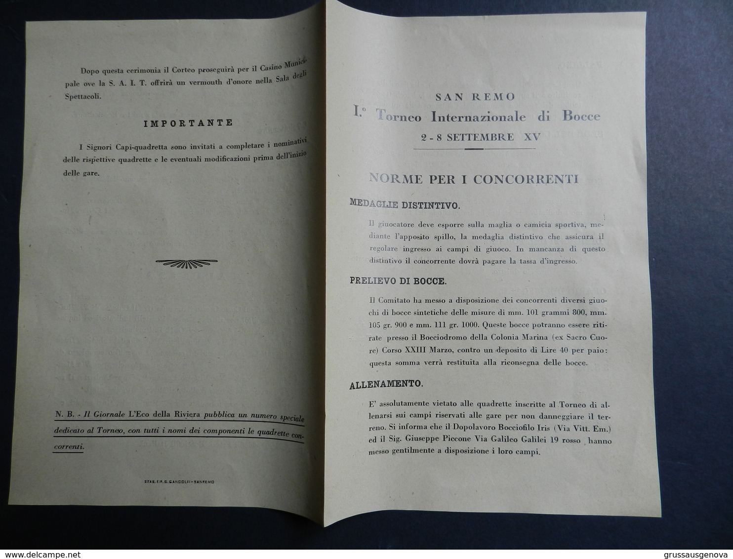 3.1) SAN REMO PRIMO TORNEO INTERNAZIONALE DI BOCCE SETTEMBRE 1937 NORME PER I CONCORRENTI - Bocce