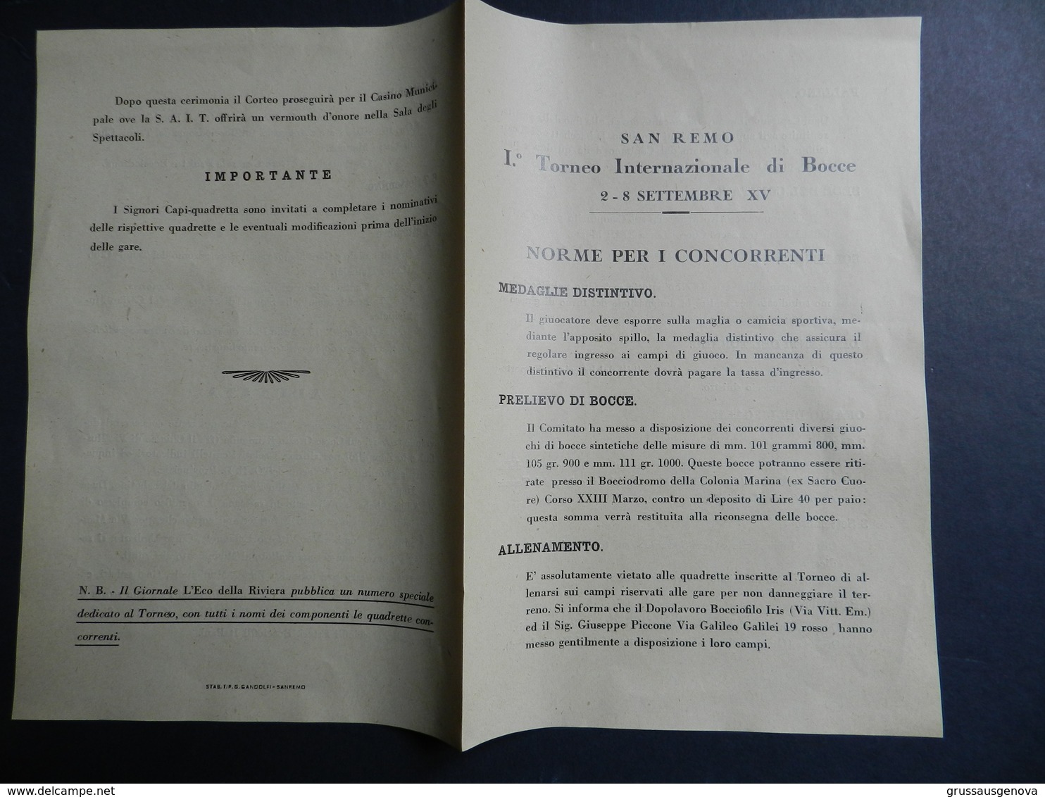 3.1) SAN REMO PRIMO TORNEO INTERNAZIONALE DI BOCCE SETTEMBRE 1937 NORME PER I CONCORRENTI - Bowls - Pétanque