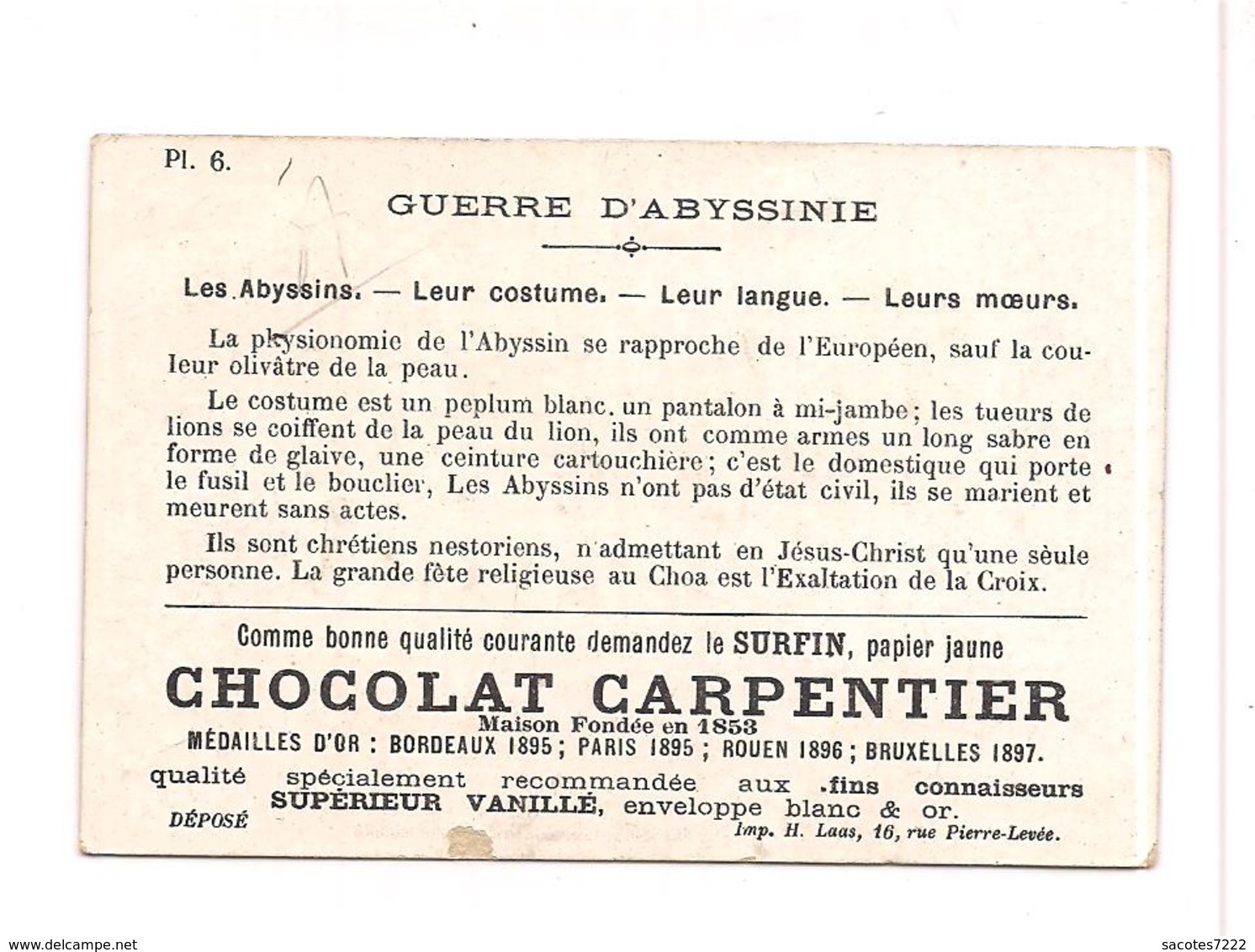 CHROMO GUERRE D'ABYSSINIE -   Les Abyssins Leur Costume Leurs Moeurs - -- Chocolat CARPENTIER - Thé ROYAL - - Other & Unclassified