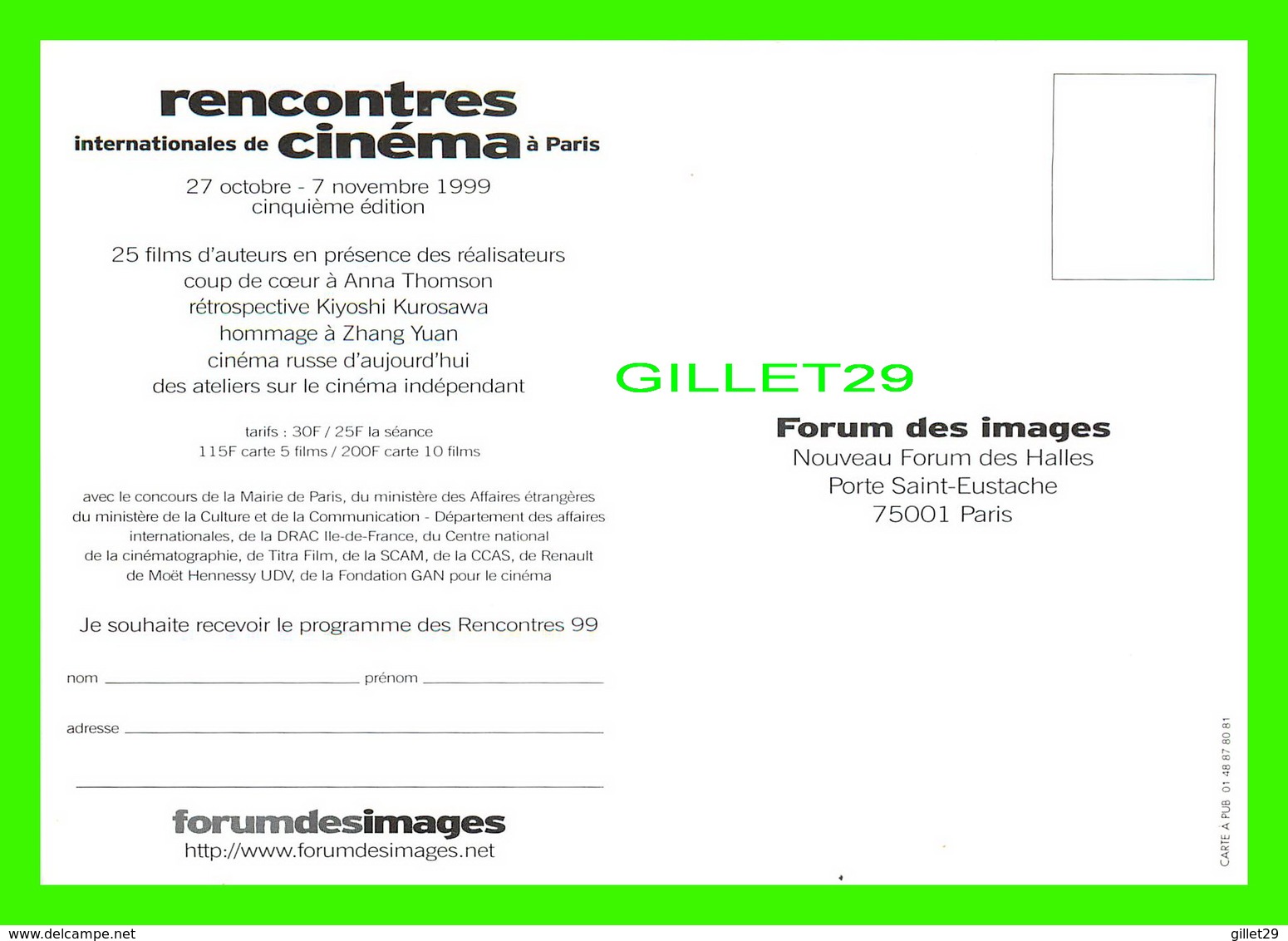 AFFICHES DE FILM -  FESTIVAL DE FILMS INÉDITS RENCONTRES INTERNATIONALES DE CINÉMA À PARIS EN 1999 - - Affiches Sur Carte