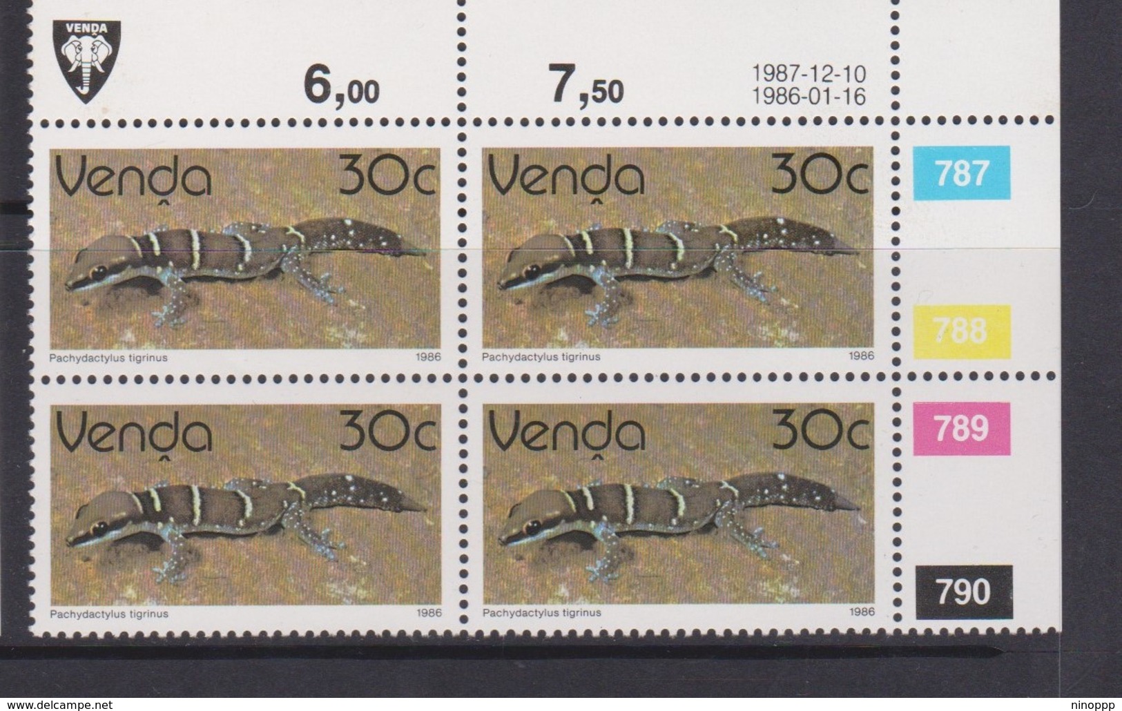 South Africa-Venda SG R135 1986 Reptiles,30c Gecko Reprint Dated 1987 Block 4, Mint Never Hinged - Venda