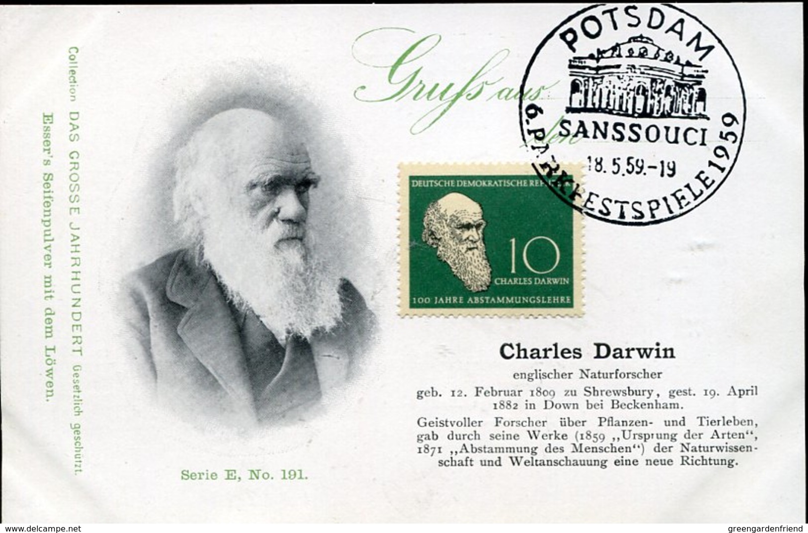 44843 Germany Ddr, Maximum 1959  Charles Darwin, Naturforscher  Mi-631,   Vintage Card - Cartes-Maximum (CM)