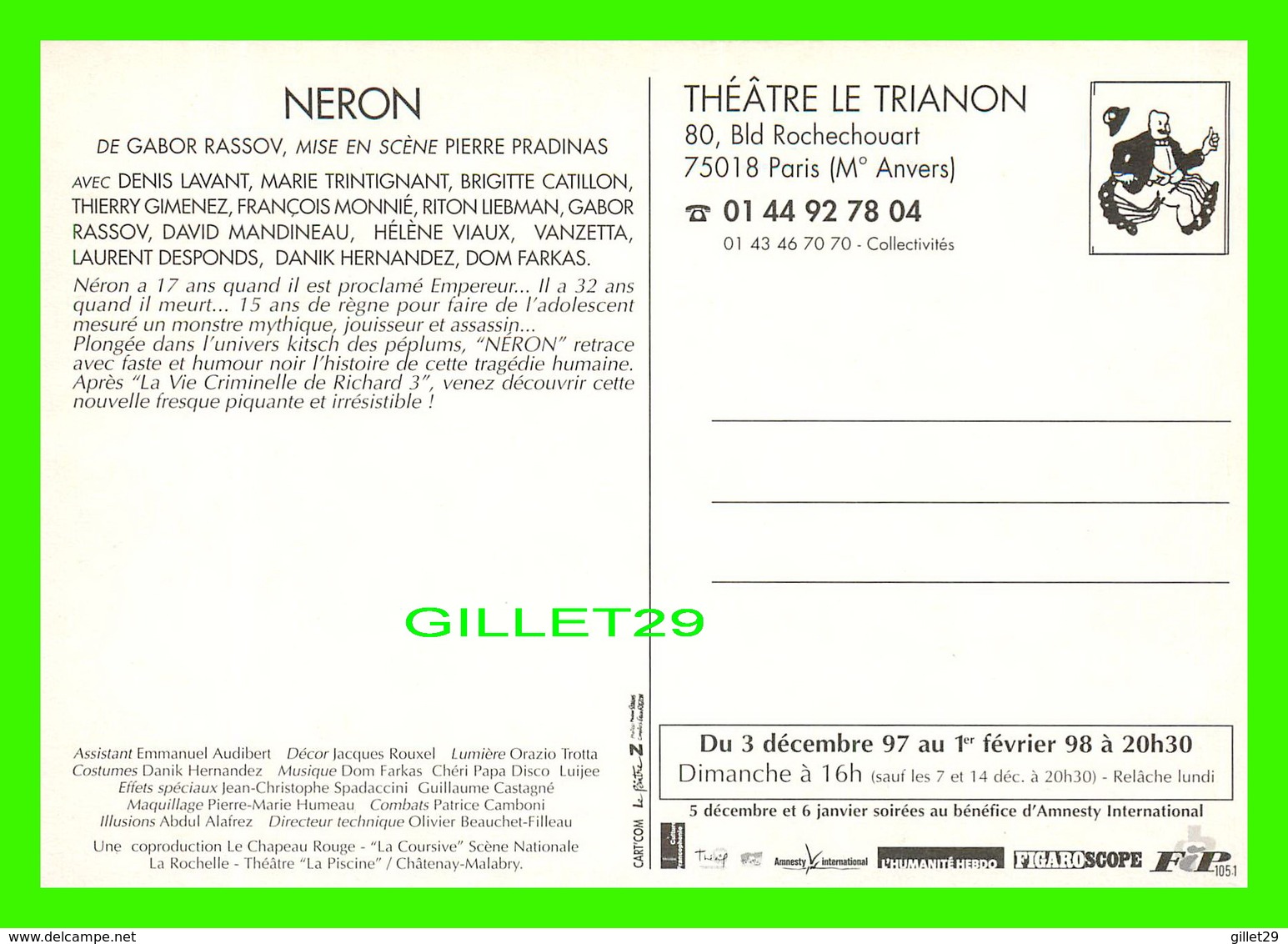 AFFICHES DE FILM -" NERON " FILM DE GABOR RASSOV AVEC DENIS LAVANT & MARIE TRINTIGNANT EN 1997 - - Affiches Sur Carte