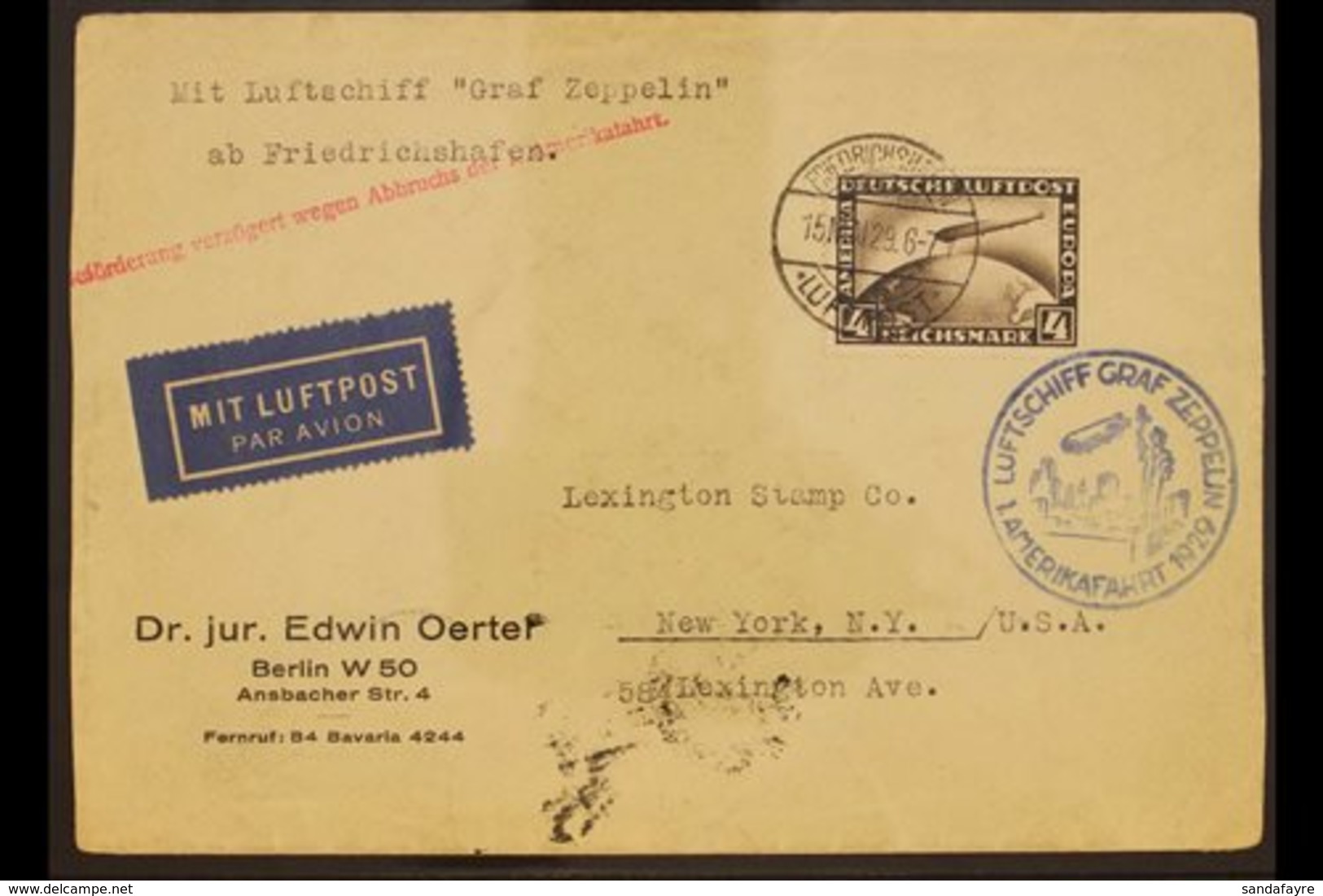 ZEPPELIN INTERRUPTED FLIGHT COVER GERMANY TO USA 1929 (15 May) Cover Bearing 1928 4m Air Stamp Tied By "Friedrichshafen" - Andere & Zonder Classificatie