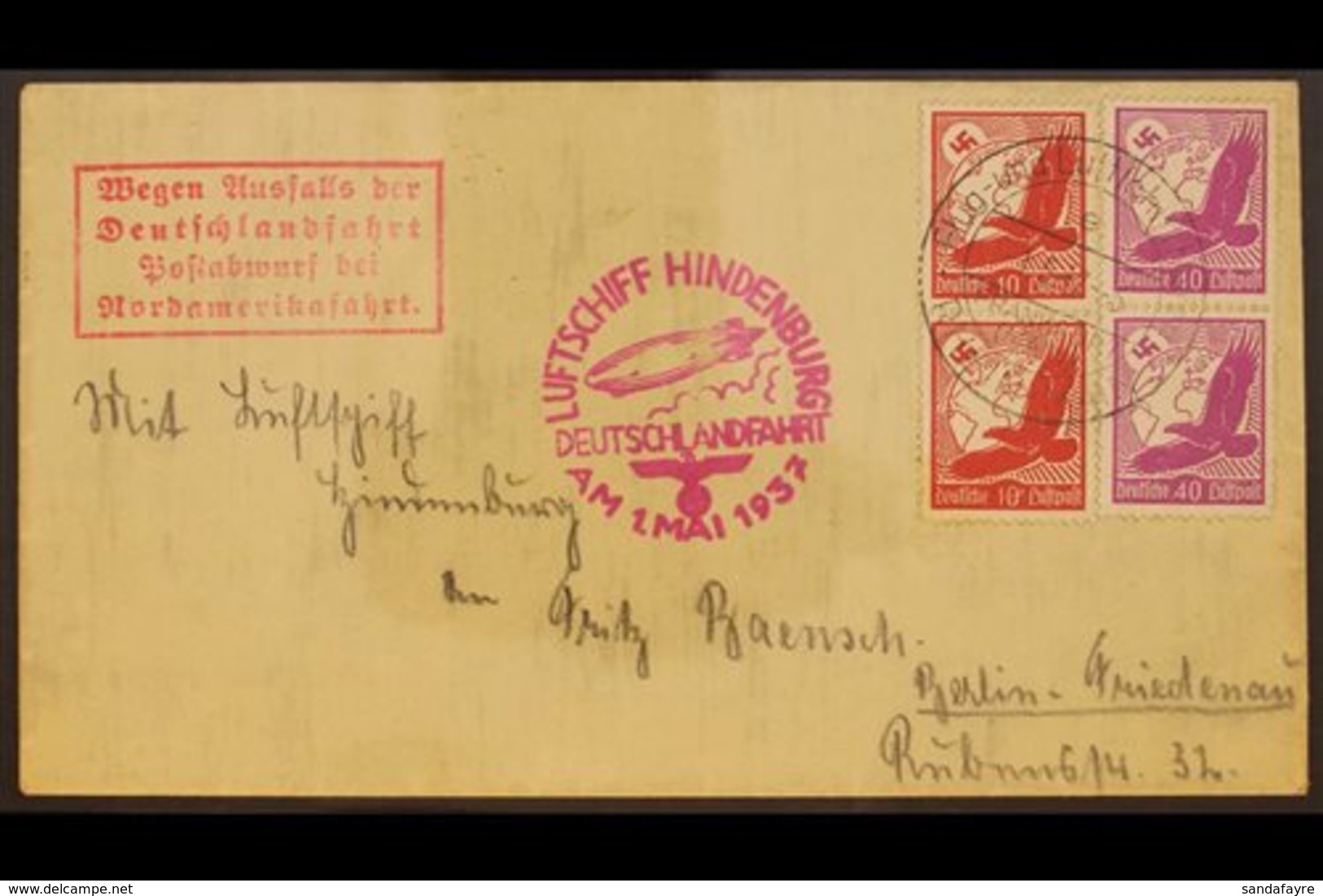 HINDENBURG FLIGHT COVER GERMANY 1937 (1 May) Cover Bearing Four Stamps Tied By "Frankfurt (Main)" Cds Cancel, With Red " - Other & Unclassified