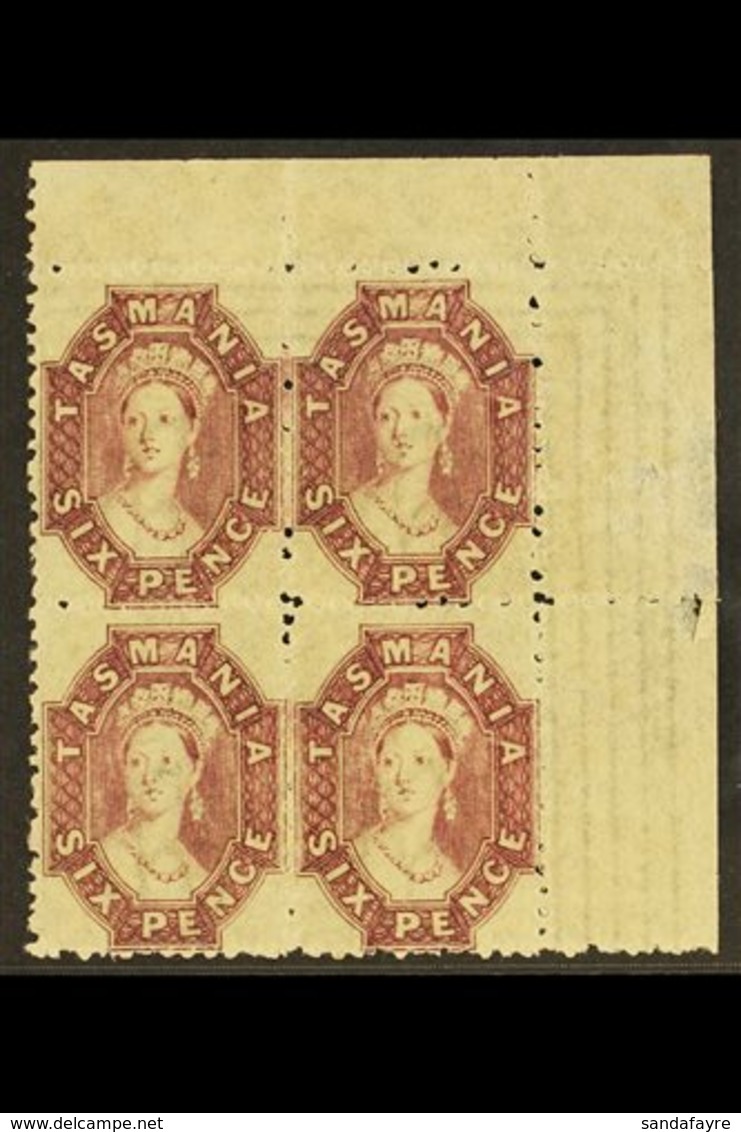 TASMANIA 1863-71 6d Reddish- Mauve Perf 12, SG 76, Superb Never Hinged Mint BLOCK OF FOUR From The Upper Right Corner Of - Andere & Zonder Classificatie