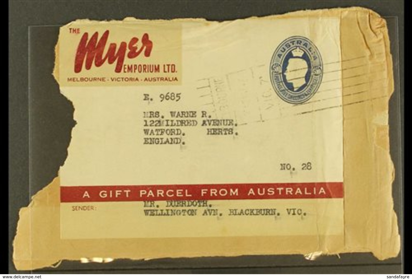1946 5s10d Myer Emporium Food Parcel Label Addressed To England Tied To Piece By Melbourne Roller Datestamp, Vertical Cr - Other & Unclassified