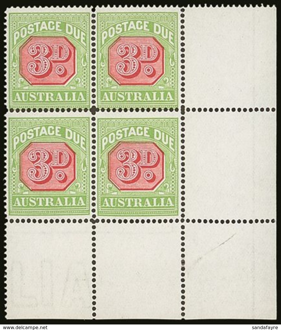 POSTAGE DUES 1912 - 1923 3d Rosine And Apple Green, Perf 14, SG D82, Superb NHM Corner Block Of 4. For More Images, Plea - Other & Unclassified