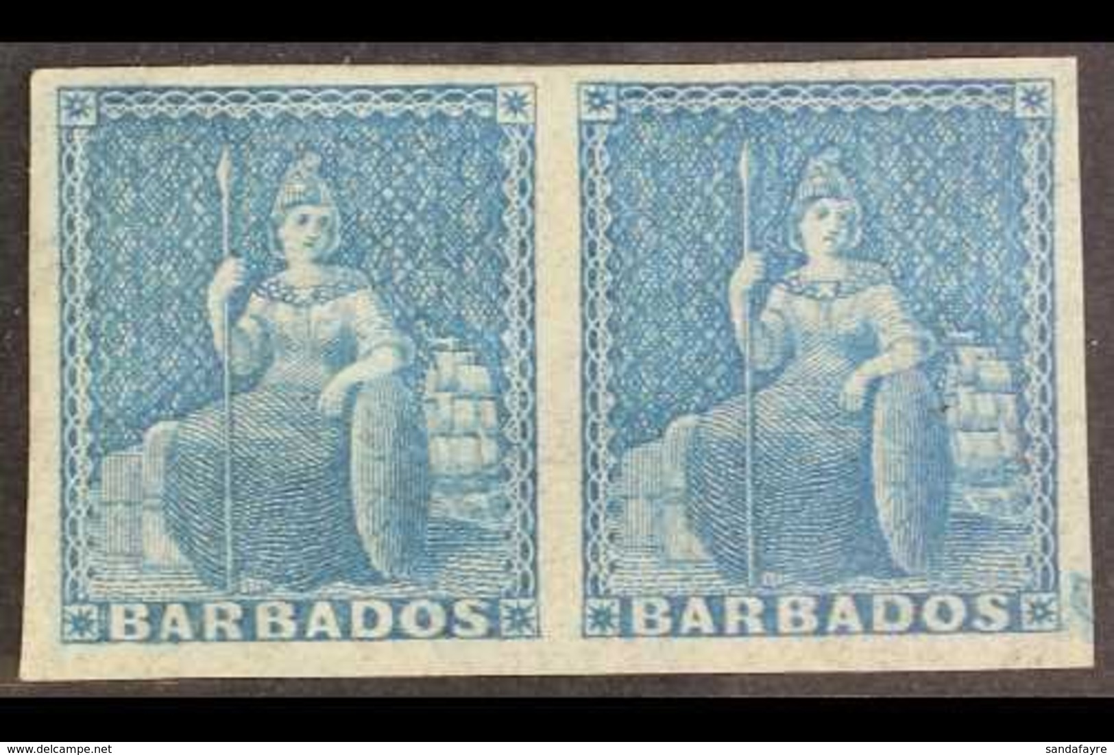 1855-58 BRITANNIA PAIR (1d) Pale Blue Britannia, Imperf, SG 9, Fine Mint Horizontal Pair With Large Margins To All Sides - Barbades (...-1966)