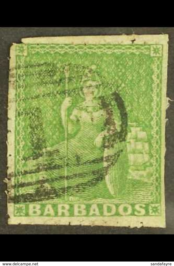 1860 (½d) Yellow-green Britannia, Pin-perf 14, SG 13, Good Used. For More Images, Please Visit Http://www.sandafayre.com - Barbados (...-1966)