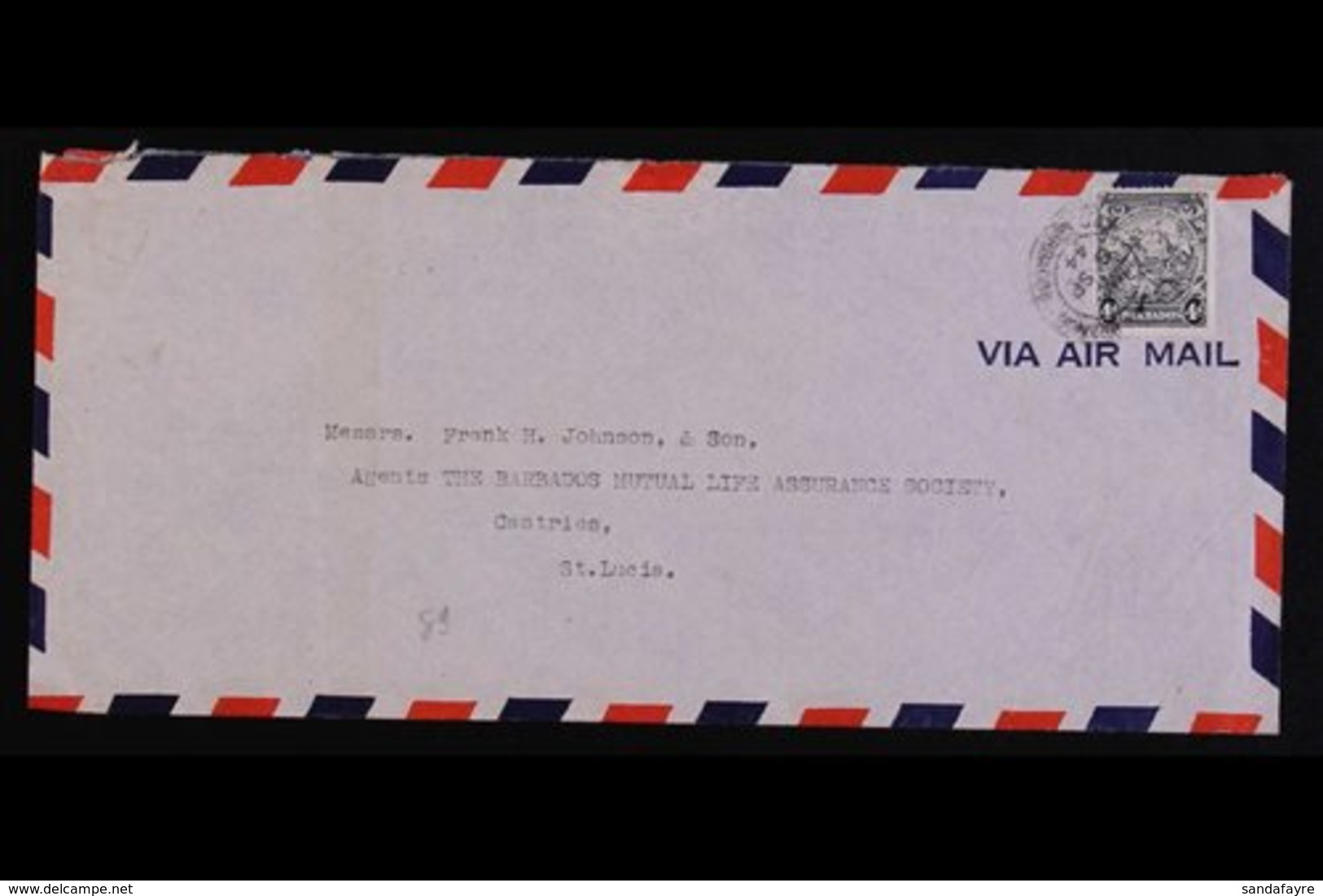 1938 4d Black Badge Of The Colony, Curved Line At Top Right, SG 253b, On Scarce Commercial Air Cover To St Lucia. For Mo - Barbades (...-1966)