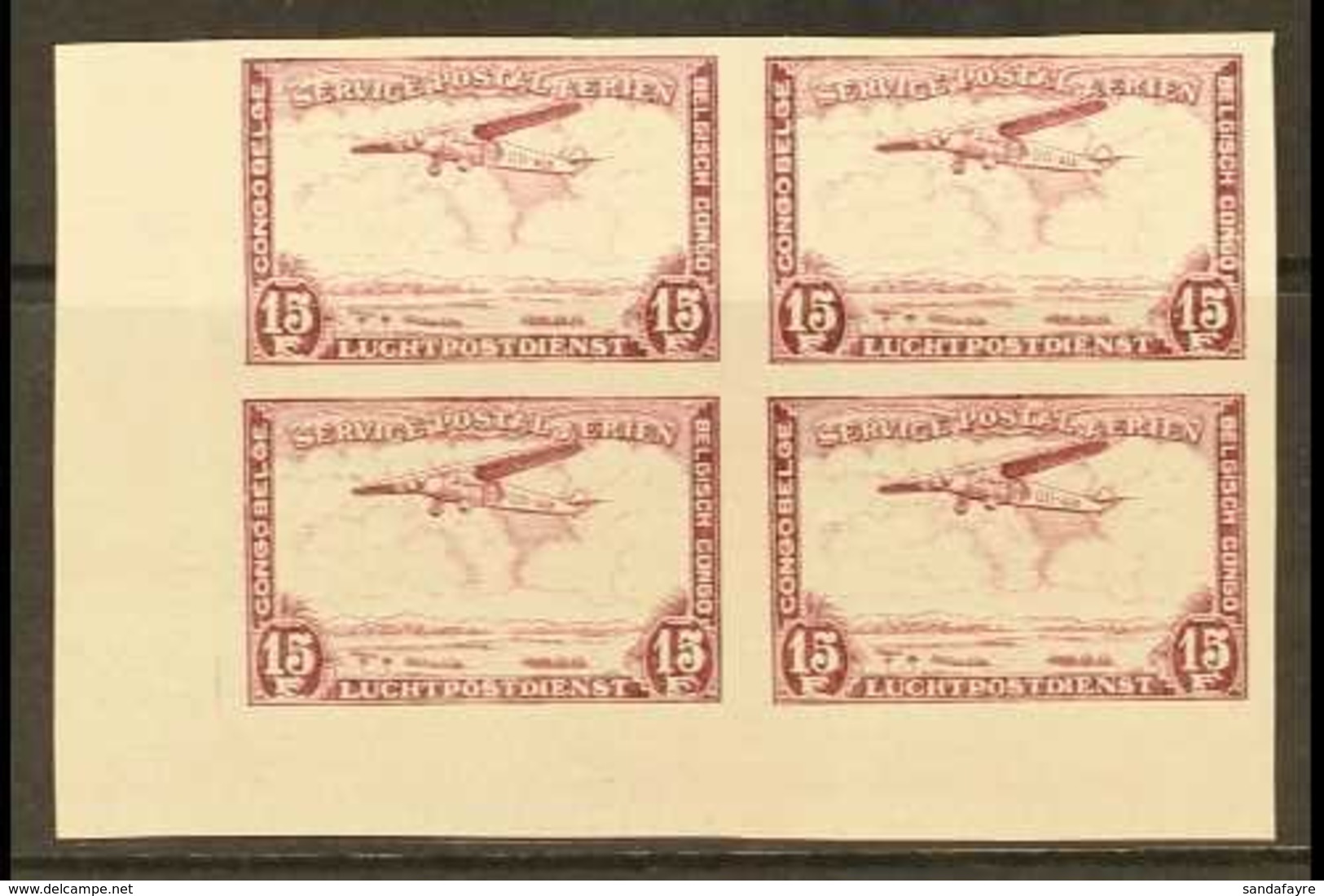 BELGIAN CONGO 1934 Air 15f Lilac, COB PA 13ND, IMPERF Lower Left Corner Block Of Four, Fine Nhm. For More Images, Please - Andere & Zonder Classificatie