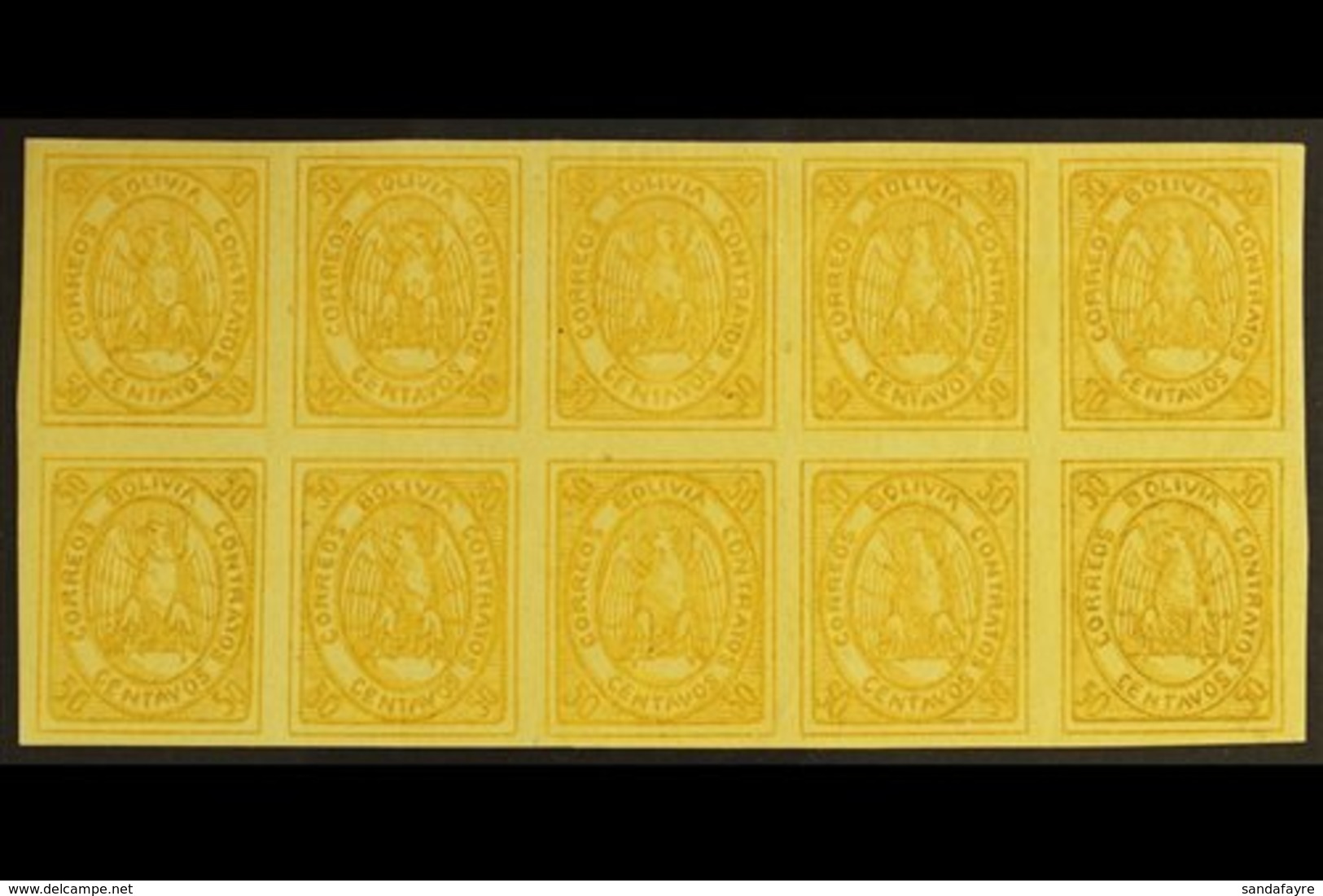 1867-68 50c Yellow Condor (SG 8, Scott 5), Very Fine Mint (most Stamps Never Hinged) BLOCK Of 10 (5x2), All Stamps With  - Bolivie