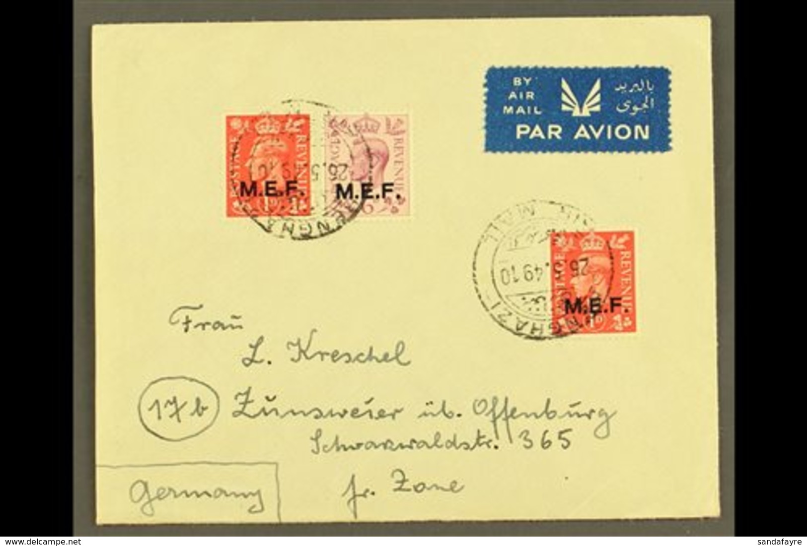 CYRENAICA 1949 Airmailed Cover To French Zone, Germany, Franked KGVI 1d X2 & 6d "M.E.F." Ovpts, SG M11, M16, Benghazi 26 - Italian Eastern Africa