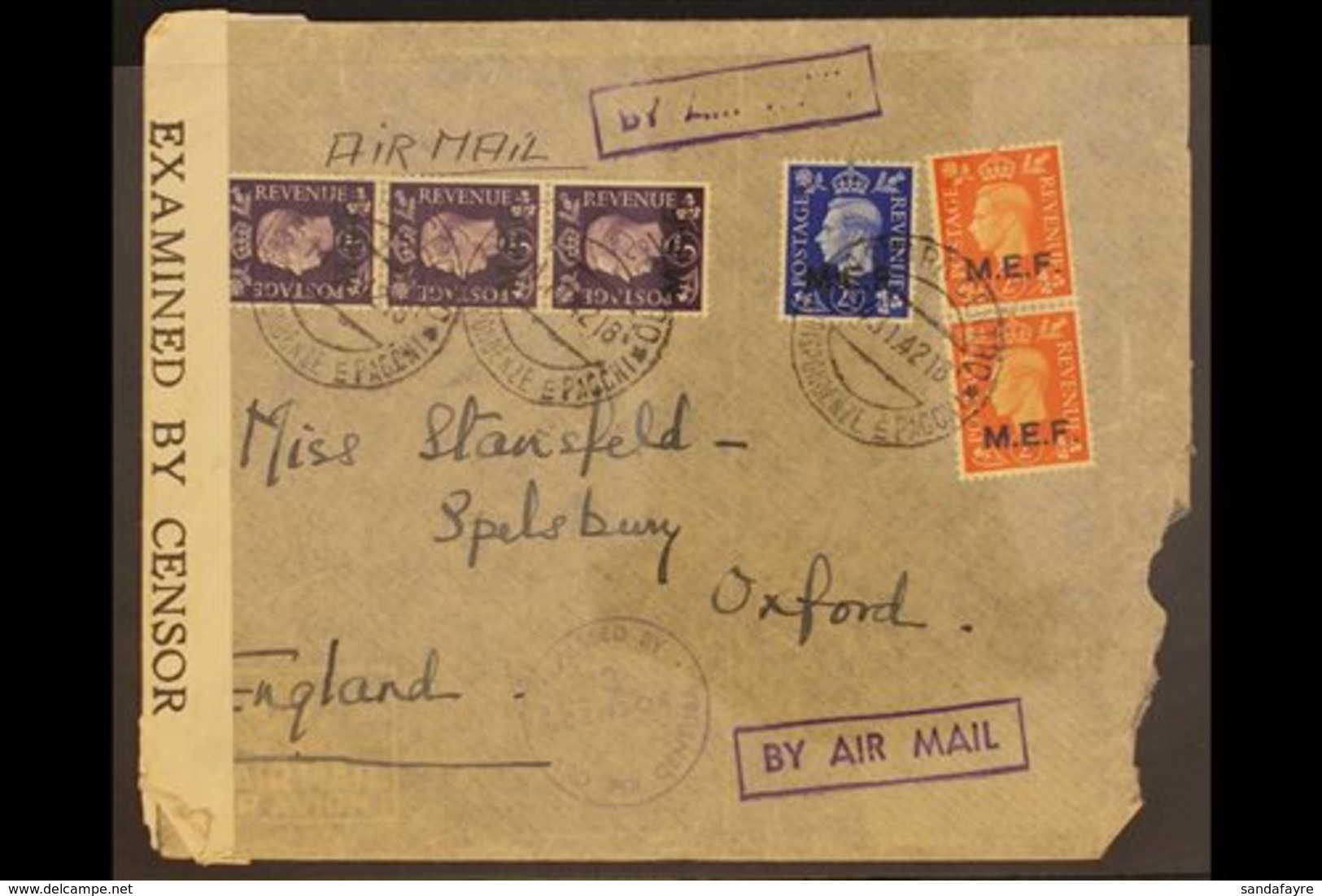 M.E.F. 1942 Censored Cover, Opening Damage At Right, From Asmara To Oxford, Franked 2d Orange Vert Pair And 2½d Blue Ovp - Italienisch Ost-Afrika