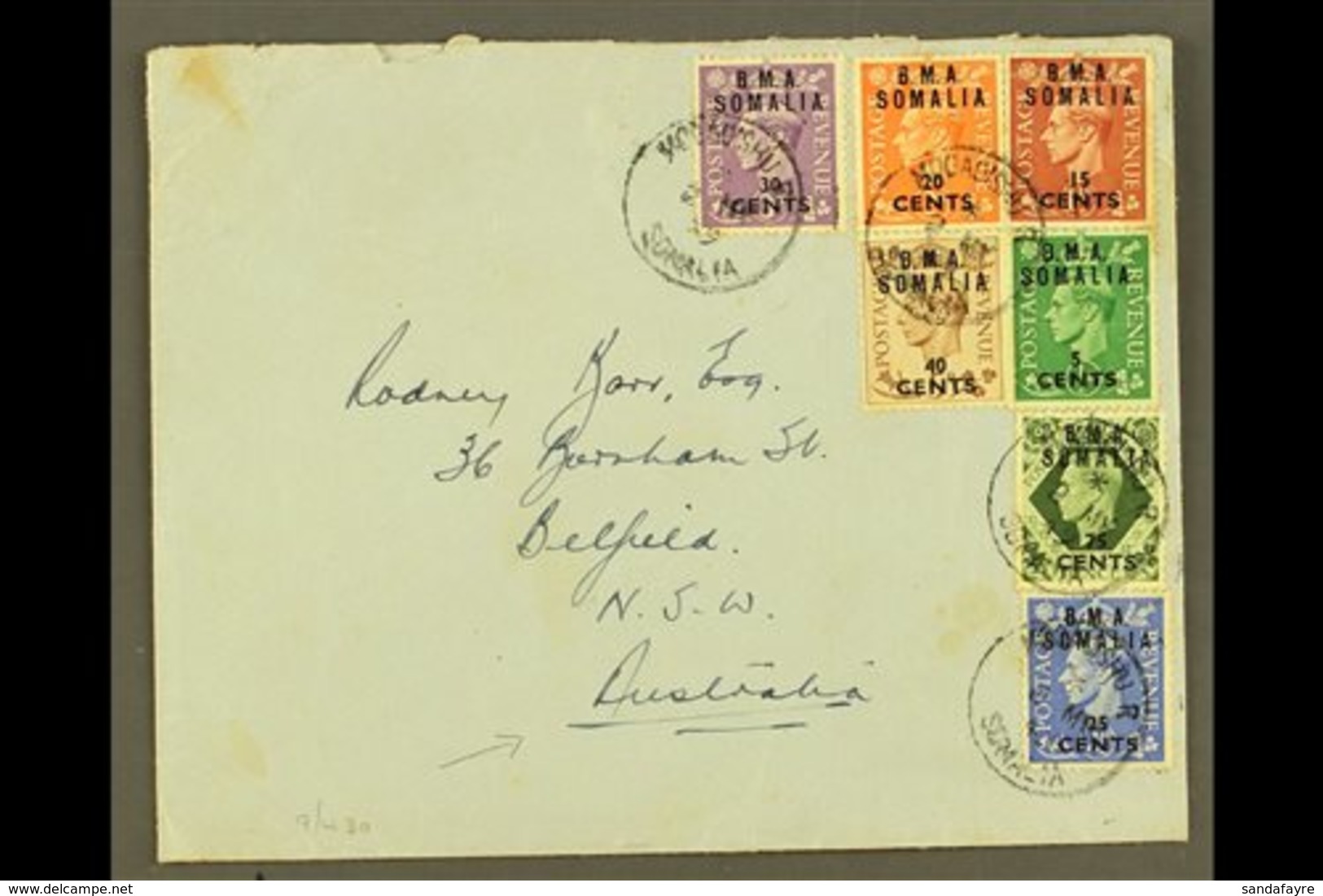 SOMALIA 1949 Plain Envelope To Australia, Franked KGVI 5c On ½d To 40c On 5d & 75c On 9d "B.M.A. SOMALIA" Ovpts, SG S10/ - Afrique Orientale Italienne