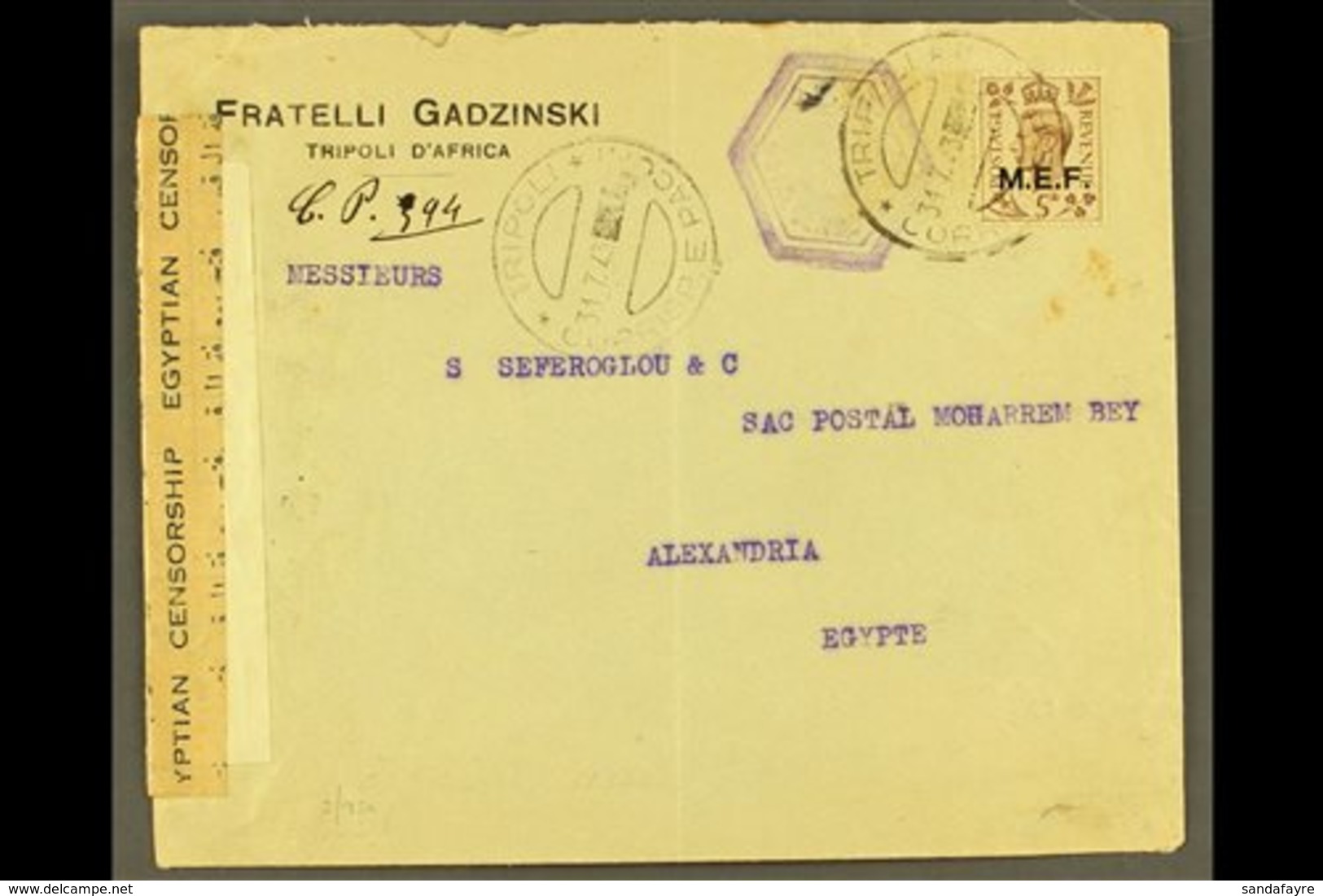 TRIPOLI 1943 Censored Commercial Cover To Egypt, Franked With KGVI 5d "M.E.F." Ovpt, Clear Tripoli 31.7.43 C.d.s. Postma - Italiaans Oost-Afrika