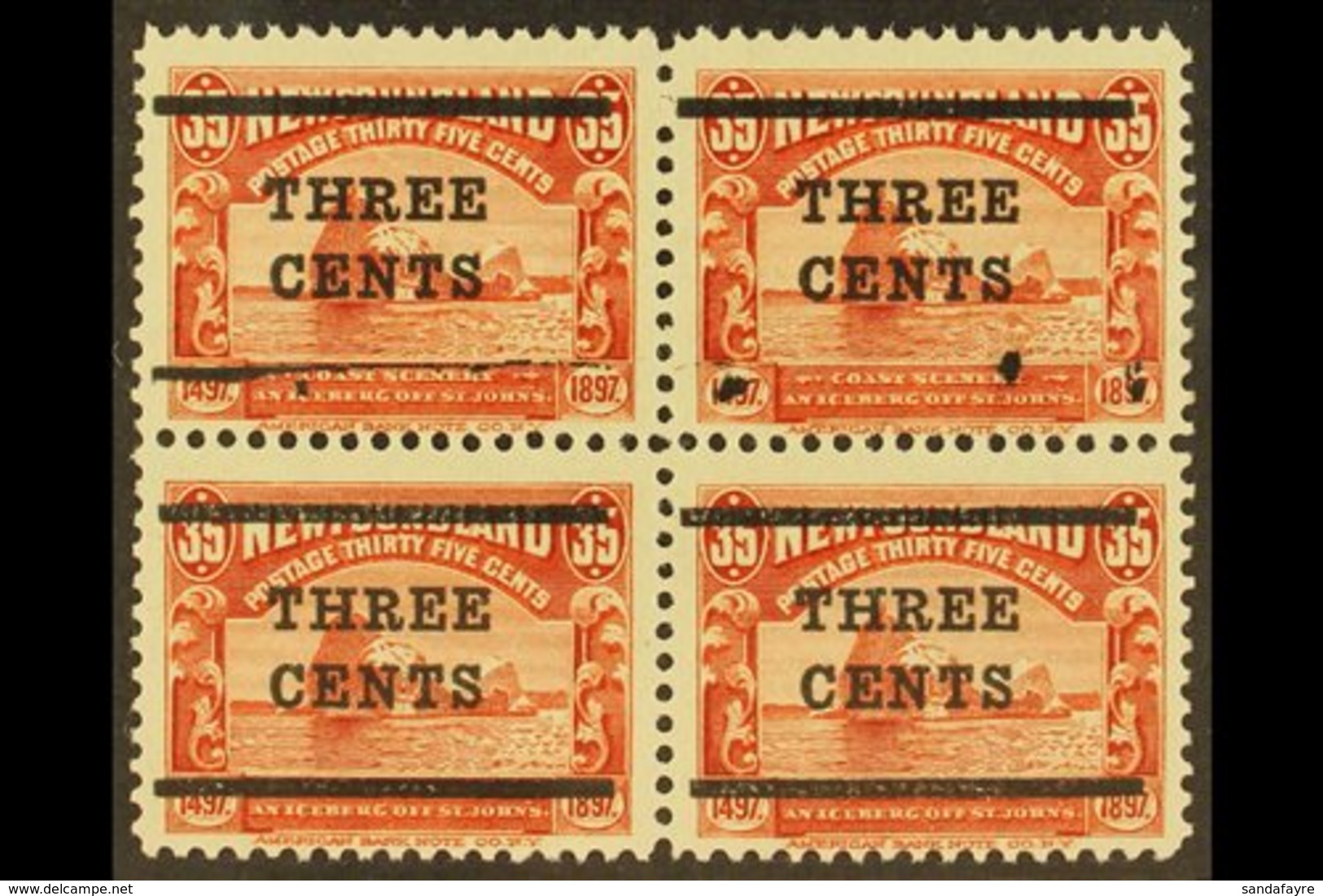 1920 (Sept) 3c On 35c Red, SG 147, Block Of Four With The Upper Pair Showing Most Of One Bar And Part Of One Bar Missing - Autres & Non Classés