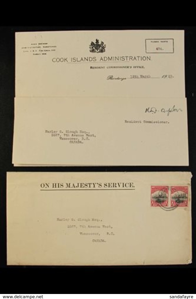 1929 (March) OHMS Envelope And Latter From The Resident Commissioner To Canada, Bearing 1d Pictorial Pair Tied By Raroto - Cook