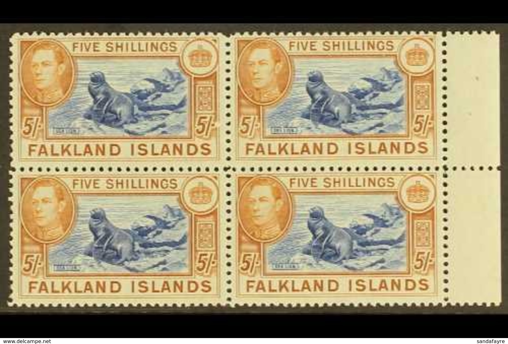 1938-50 5s Dull Blue And Yellow Brown On Greyish Paper, SG 161c, Superb Never Hinged Mint Marginal Block Of Four. For Mo - Falklandeilanden