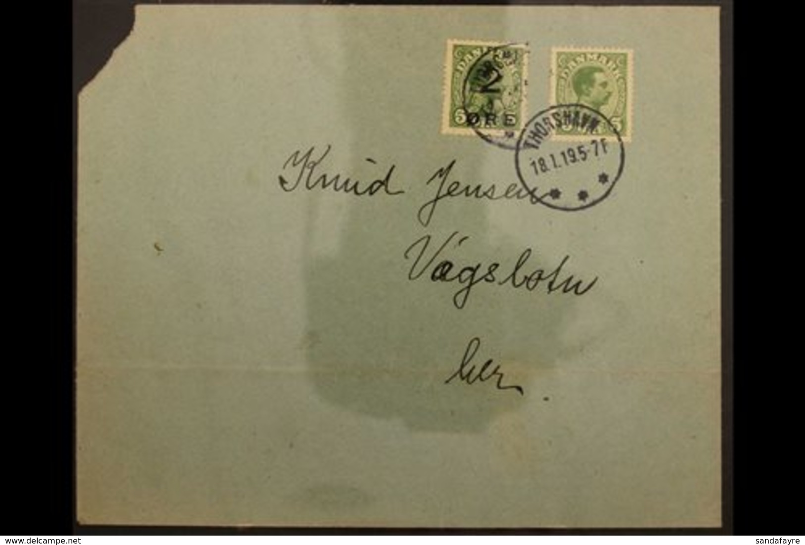 1919 2 Ore On 5 Ore Green, Facit 3, Alongside A Further 5 Ore, On A Local Envelope Tied Thorshavn 18.1.19 Cds, Upper Lef - Féroé (Iles)