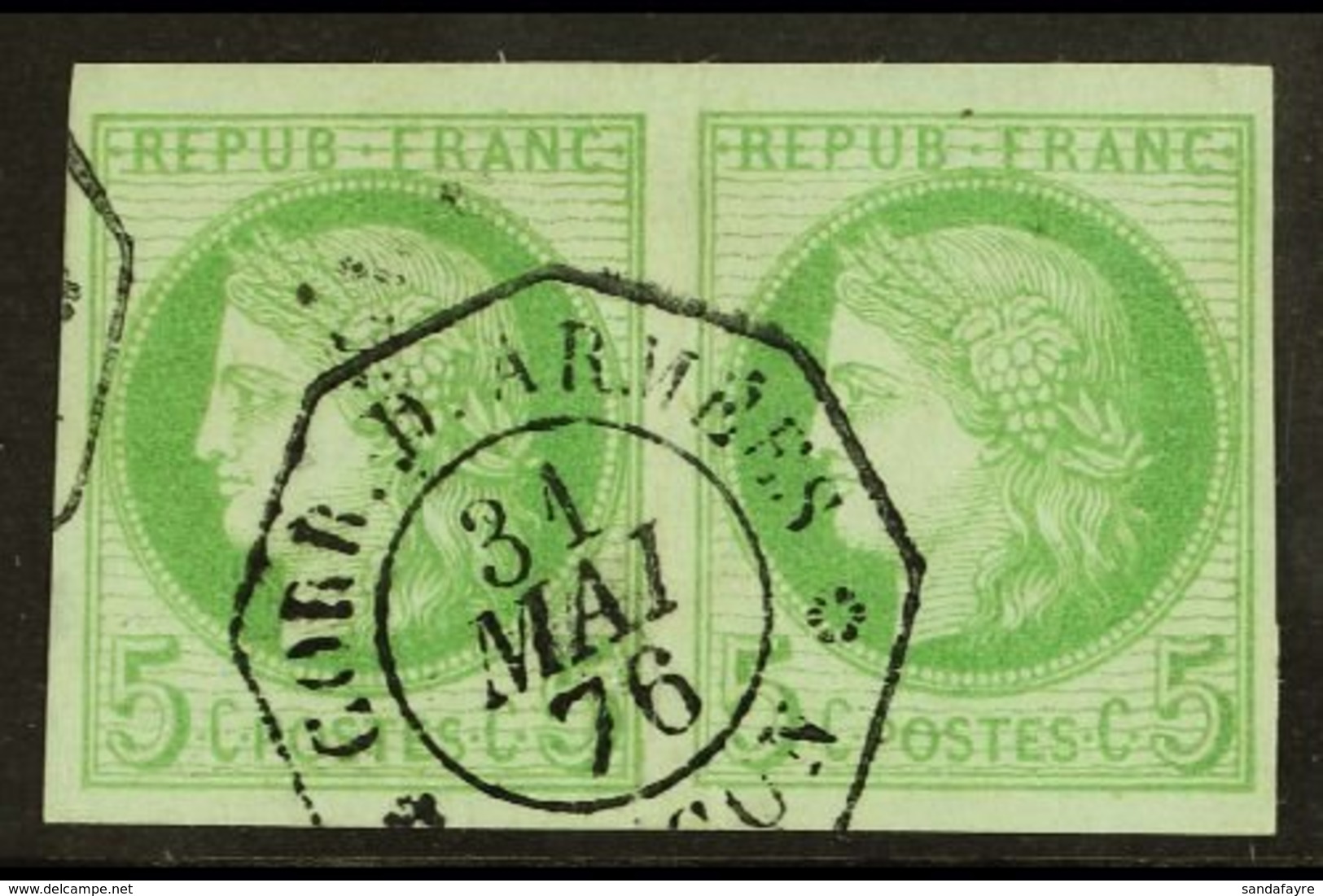 COCHIN CHINA 1876 5c Green, Ceres, Yv 17, Superb Used Horizontal Pair With "Corr. D. Armees 31 Mai 76 Saigon" Octagonal  - Andere & Zonder Classificatie