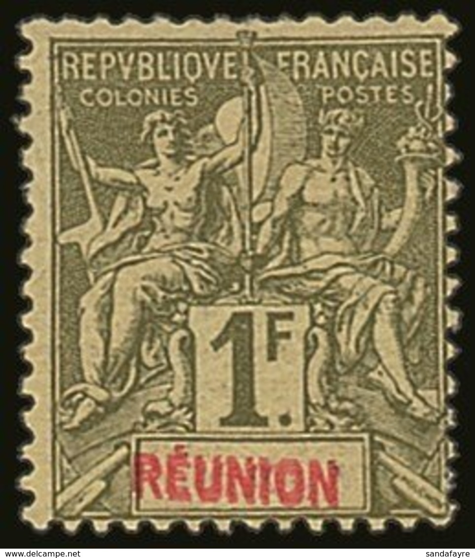 REUNION 1892 1fr Olive With "REUNION" Double Variety, Yvert 44a, Fine Mint. For More Images, Please Visit Http://www.san - Other & Unclassified