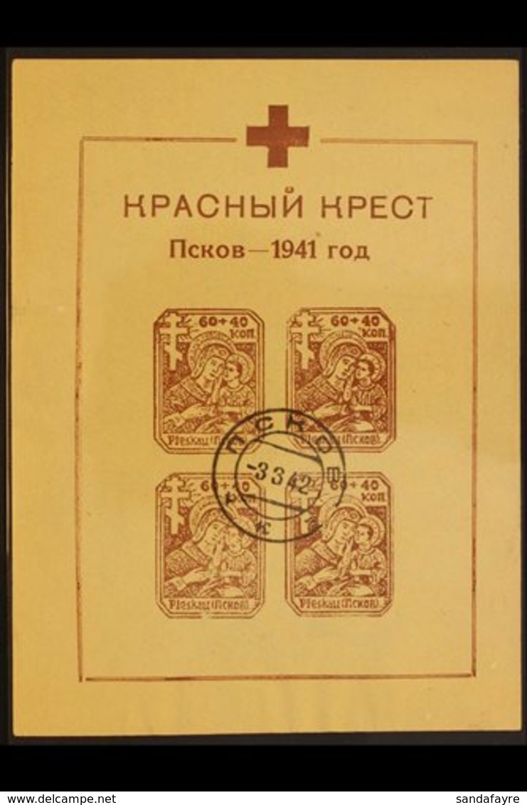 PLESKAU (PSKOV) 1942 Red Cross Miniature Sheet With The Cross Printed In The Same Colour On "LIGAT" Watermarked Paper, M - Autres & Non Classés