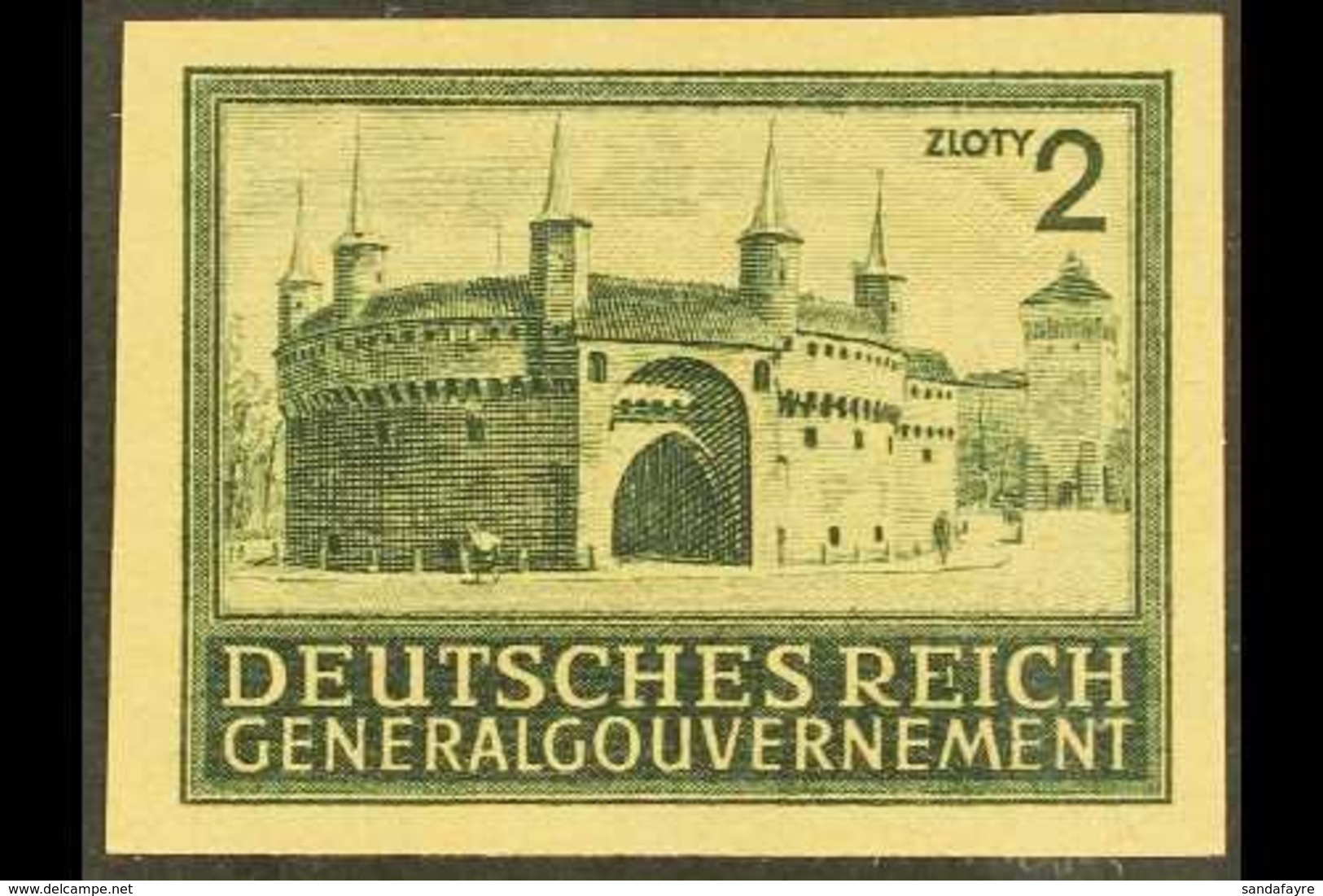 POLAND - GENERAL GOVERNMENT 1940 2zt Blackish Grey-green Barbican IMPERF PROOF On Yellowish Ungummed Paper, Michel 113P3 - Autres & Non Classés